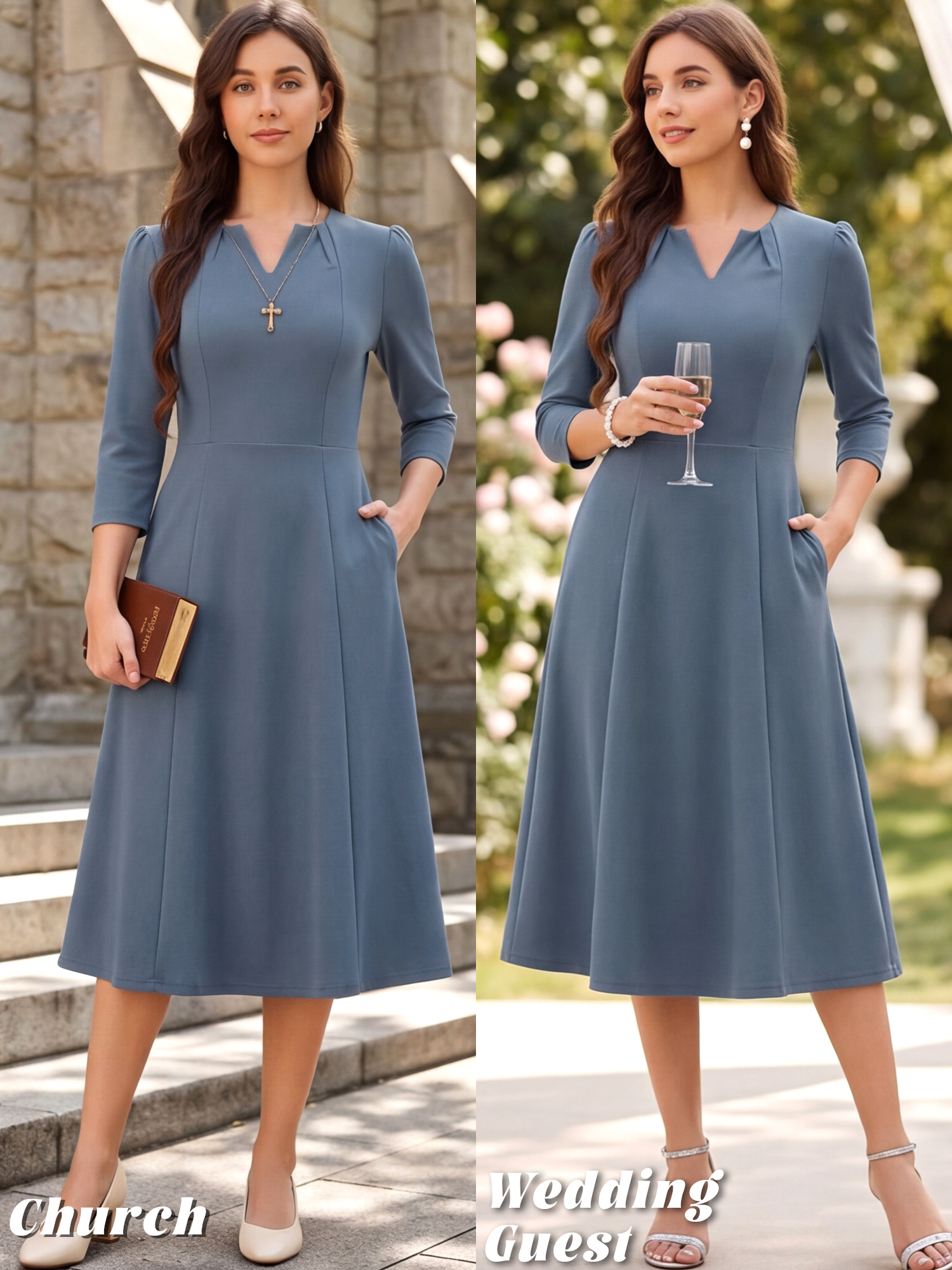 Notch Neck Pocketed 3/4 Sleeve Solid A-Line Work Dress Gray Blue/XL