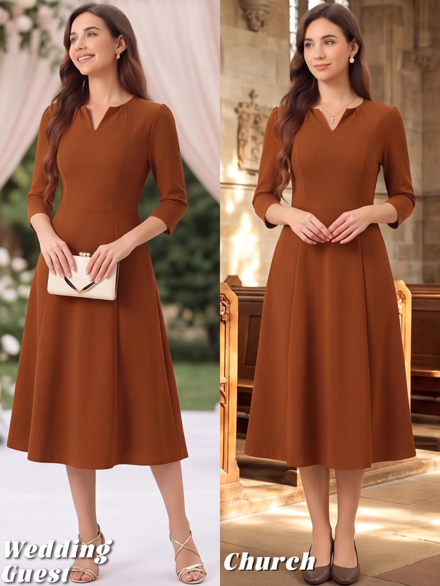 Notch Neck Pocketed 3/4 Sleeve Solid A-Line Work Dress Caramel/S
