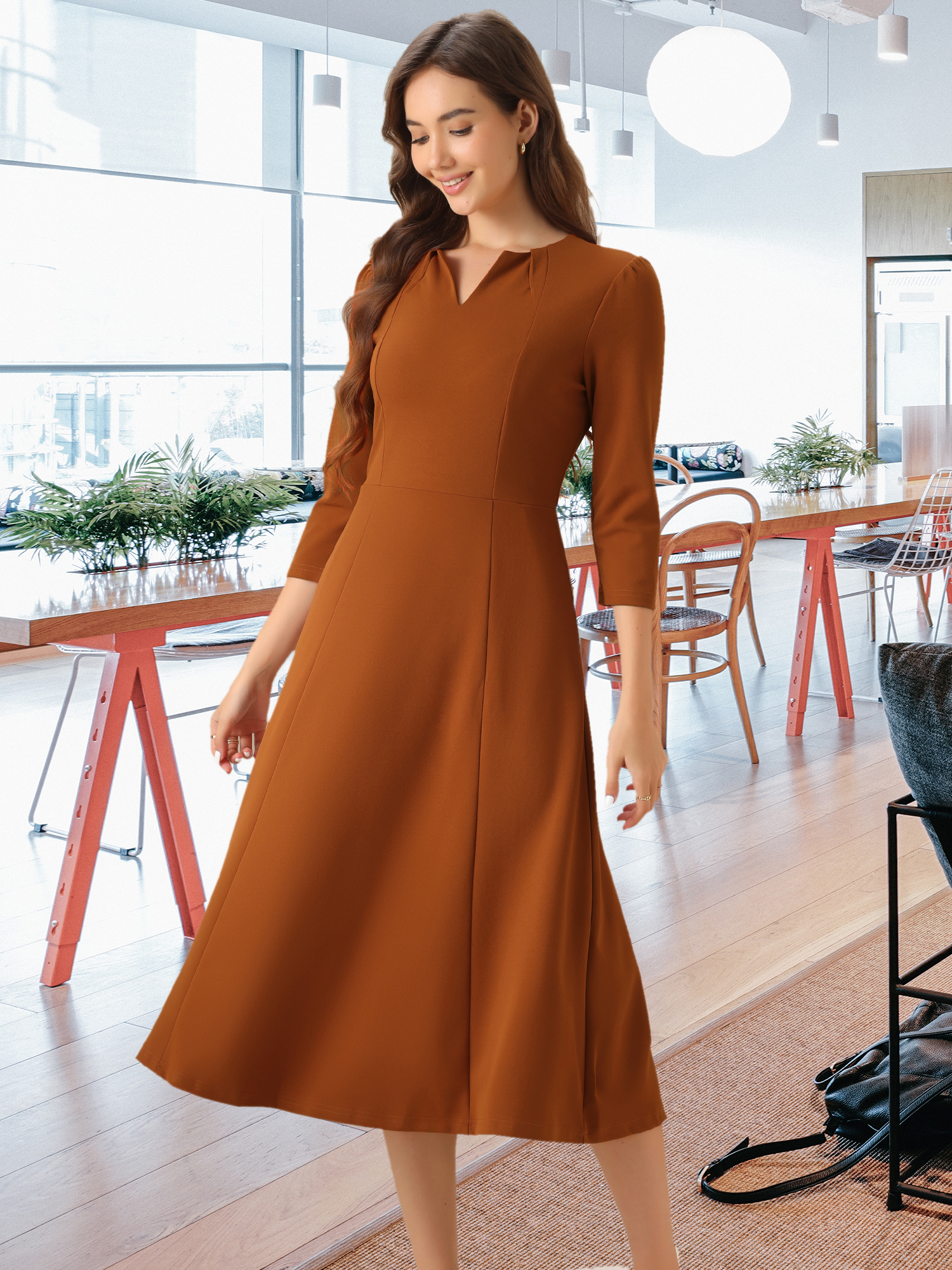 Notch Neck Pocketed 3/4 Sleeve Solid A-Line Work Dress Caramel/L