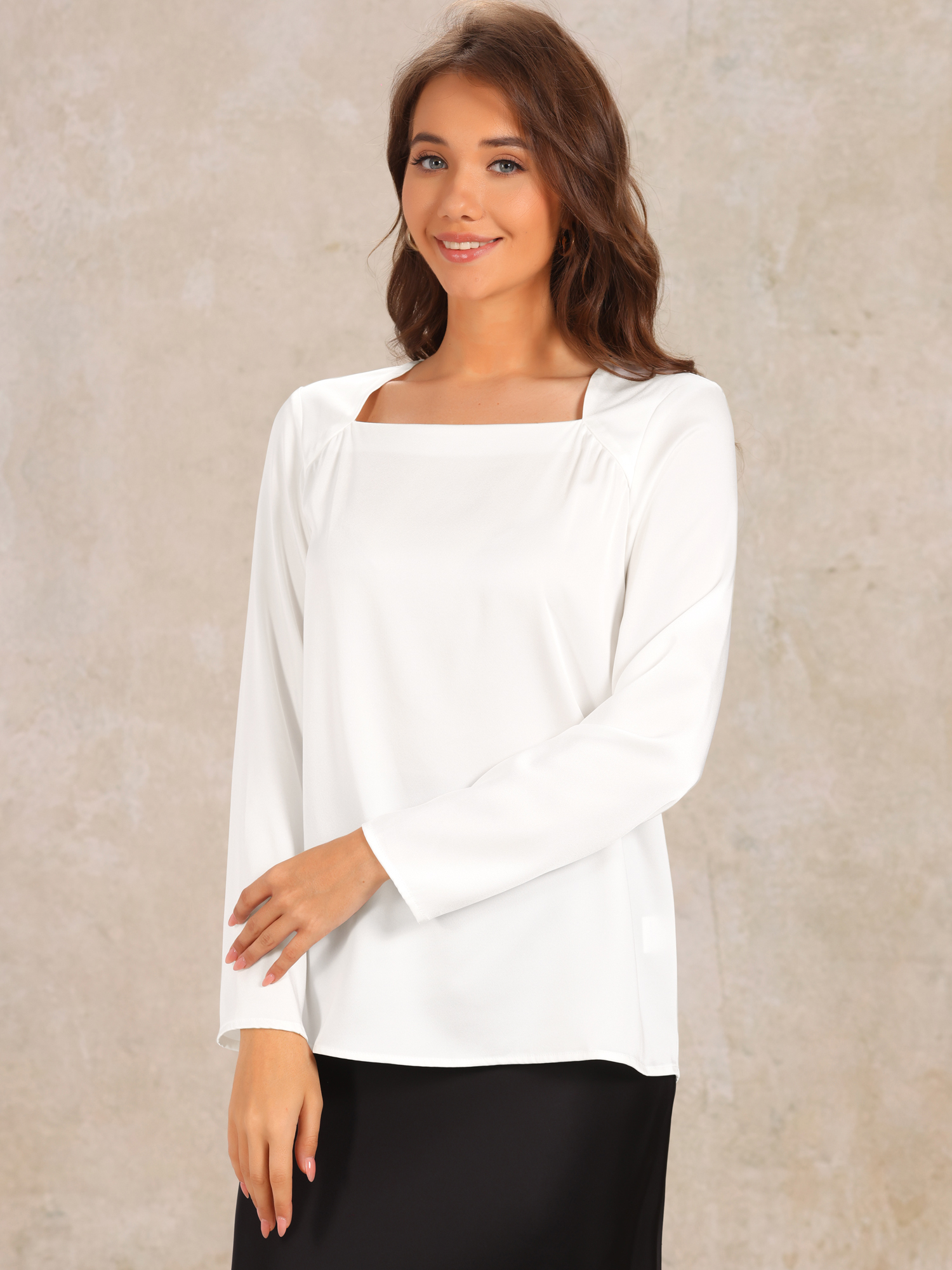 Square Neck Solid Long Sleeve Loose Satin Blouse White/XS