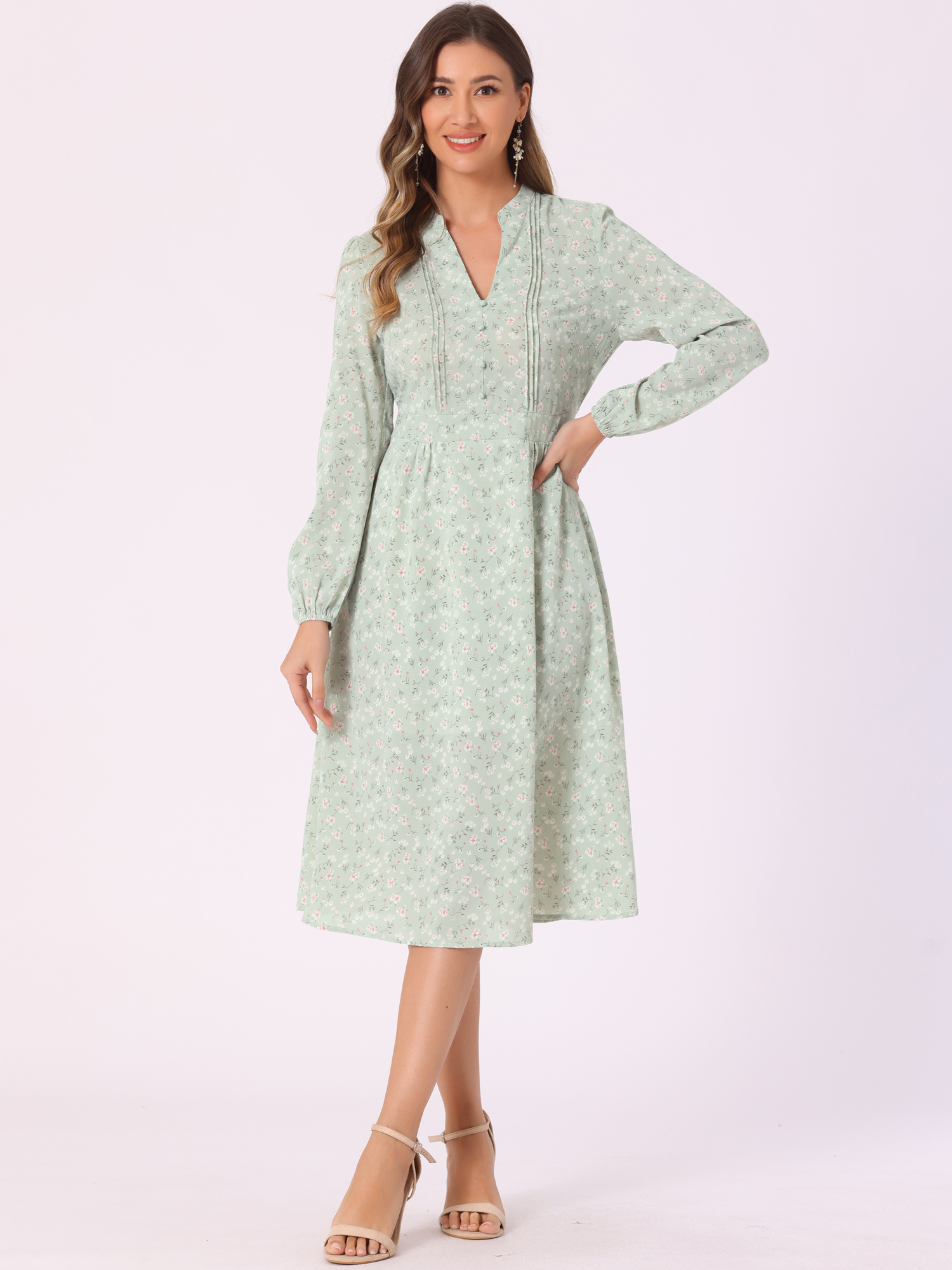 Floral Print Long Sleeve Spring Flowy Midi Boho Dress Green/L