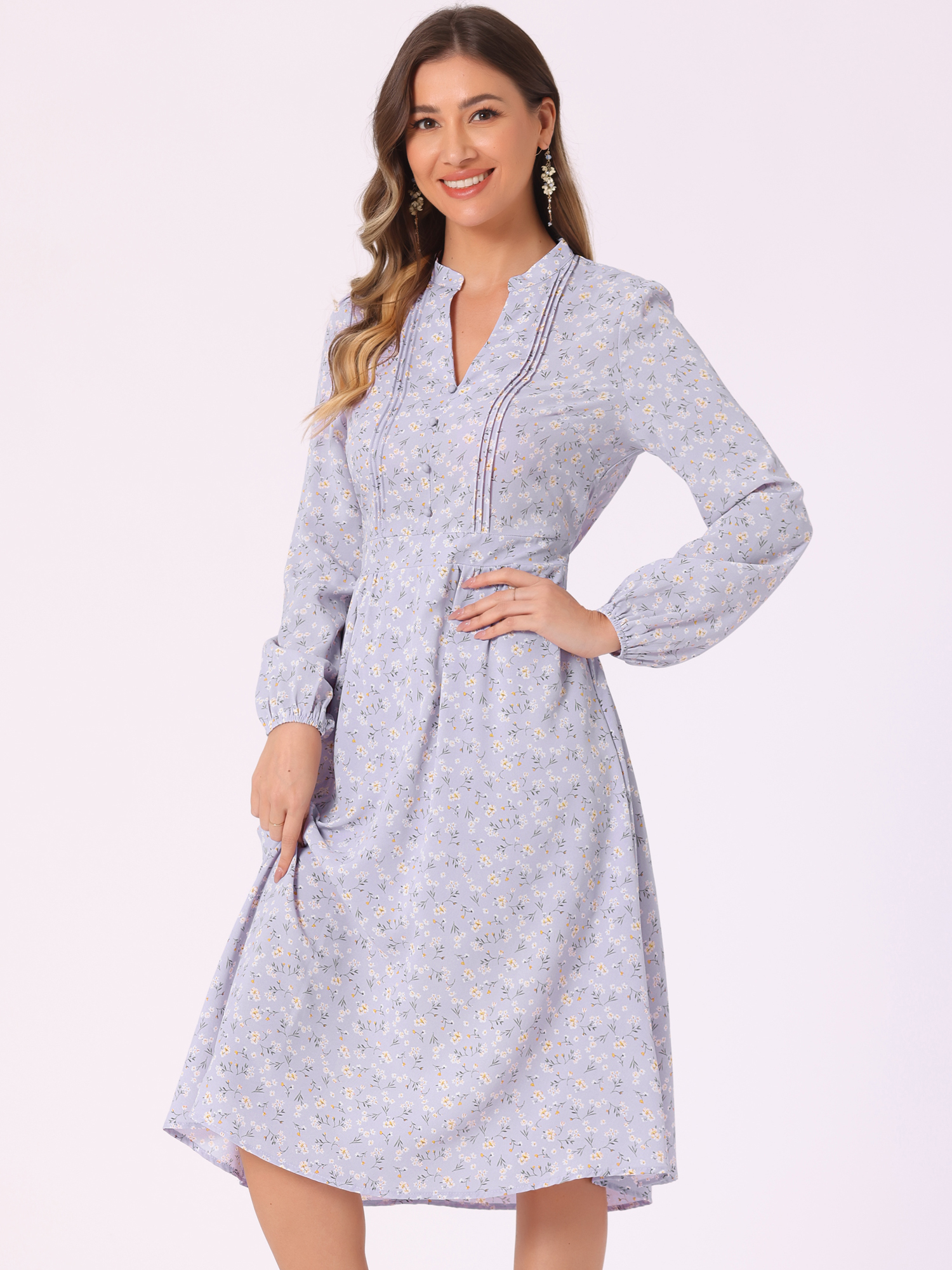 Floral Print Long Sleeve Spring Flowy Midi Boho Dress Purple/XL