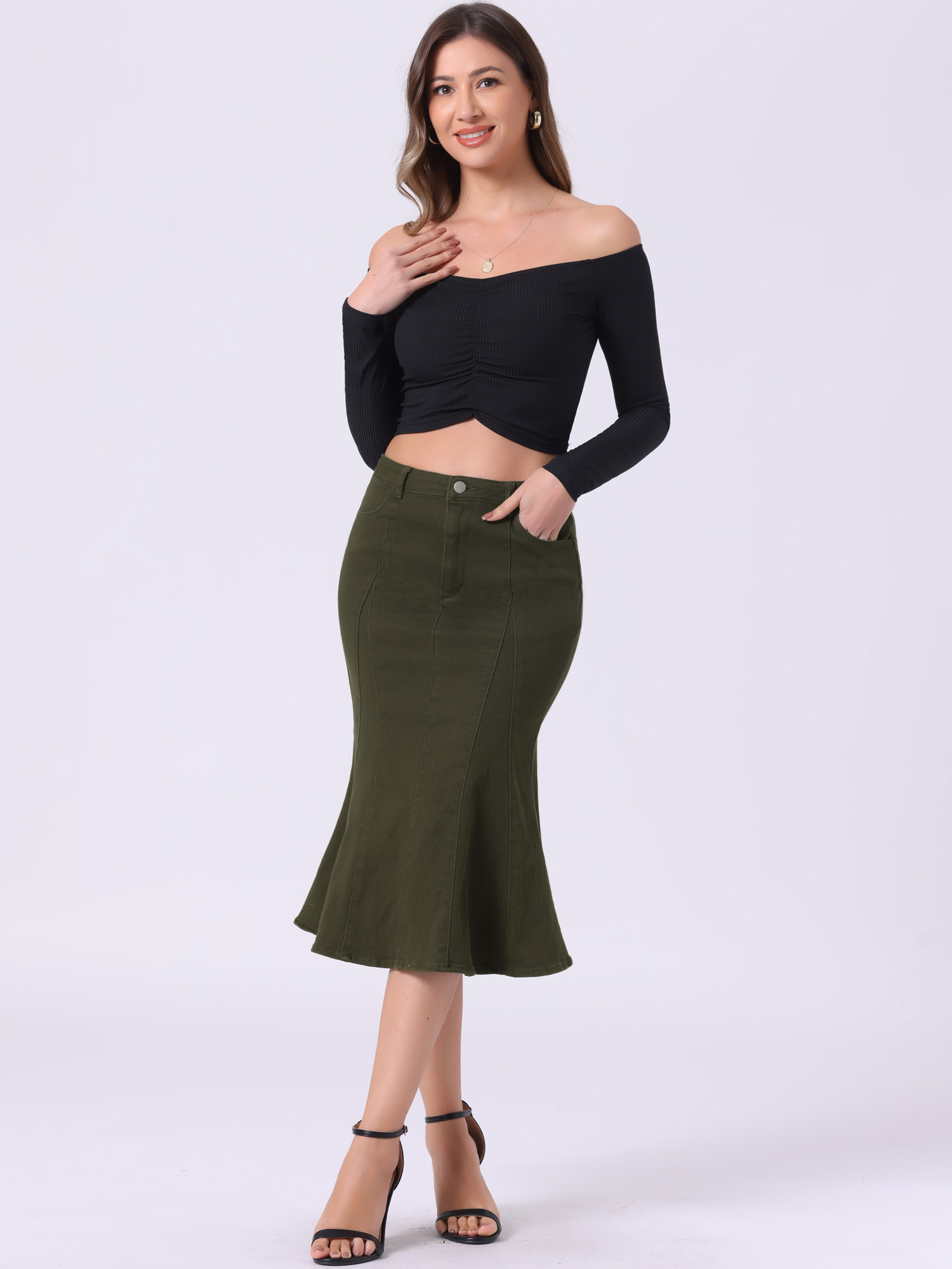Fishtail Ruffle Bodycon High Waist Jean Denim Skirt Army Green/XL