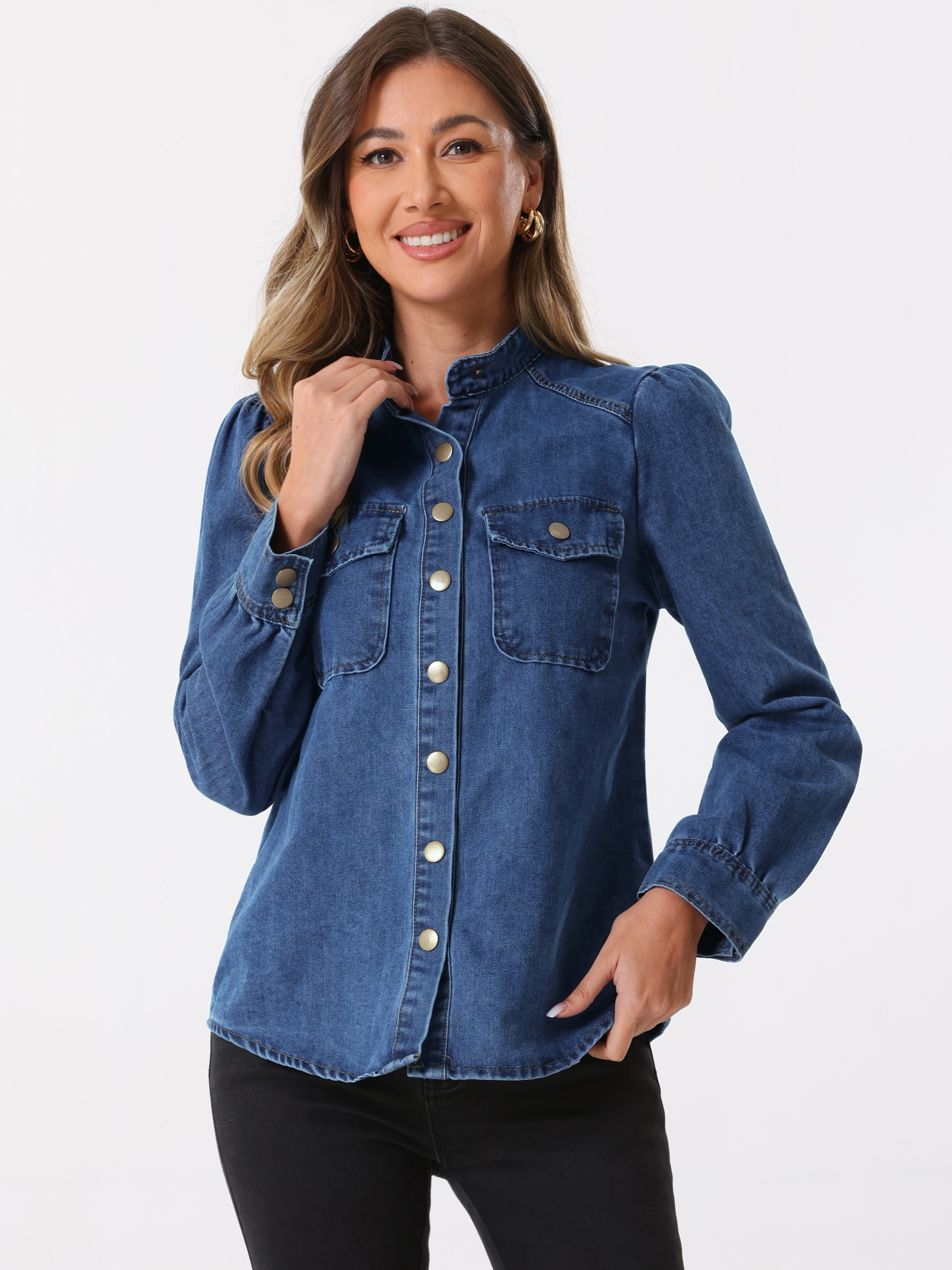 Denim Mock Neck Puff Long Sleeve Button Down Jean Shirt Blue/S