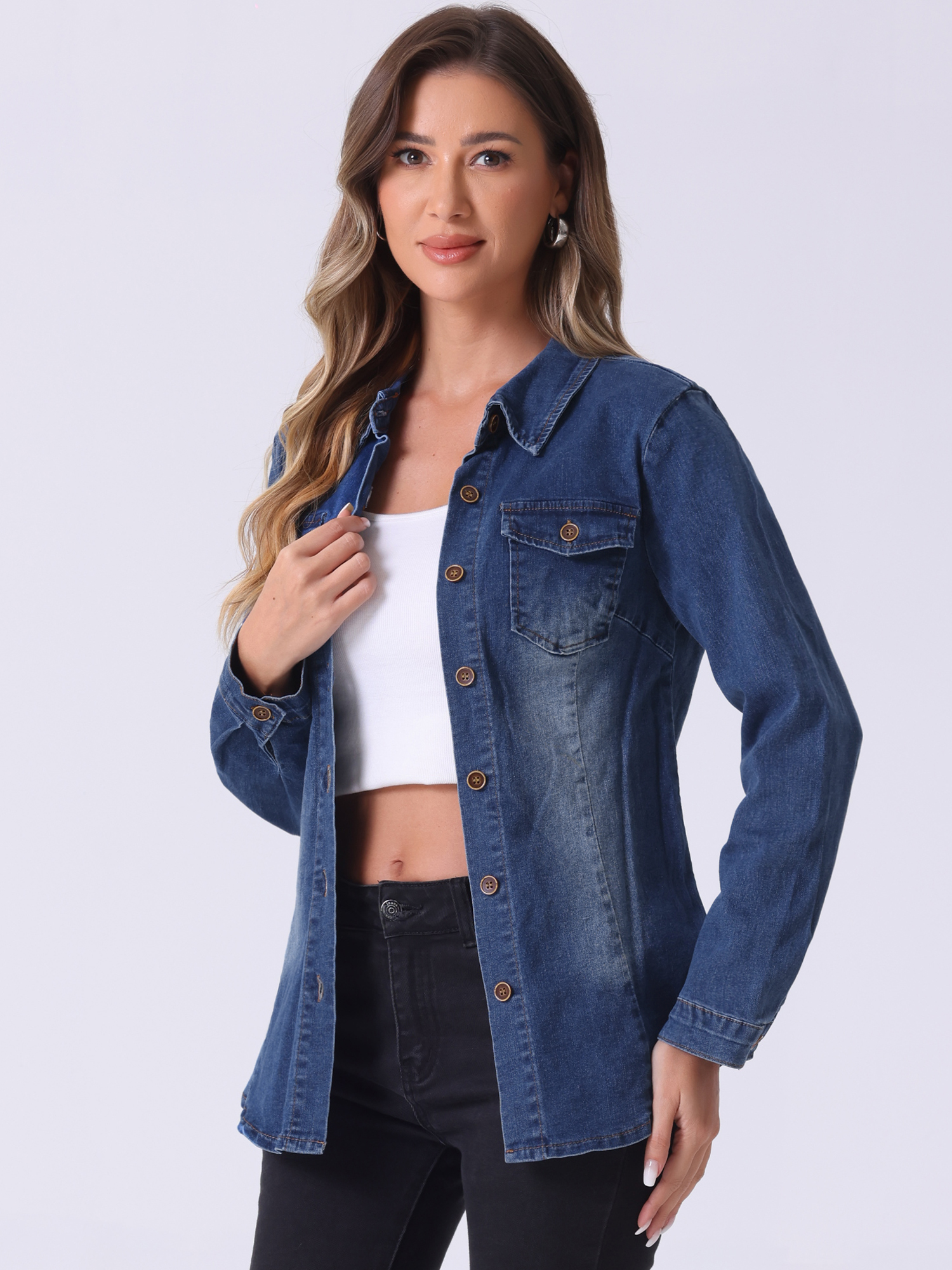 Denim Long Sleeve Button Down Pocket Trendy Jean Shirts Blue/M