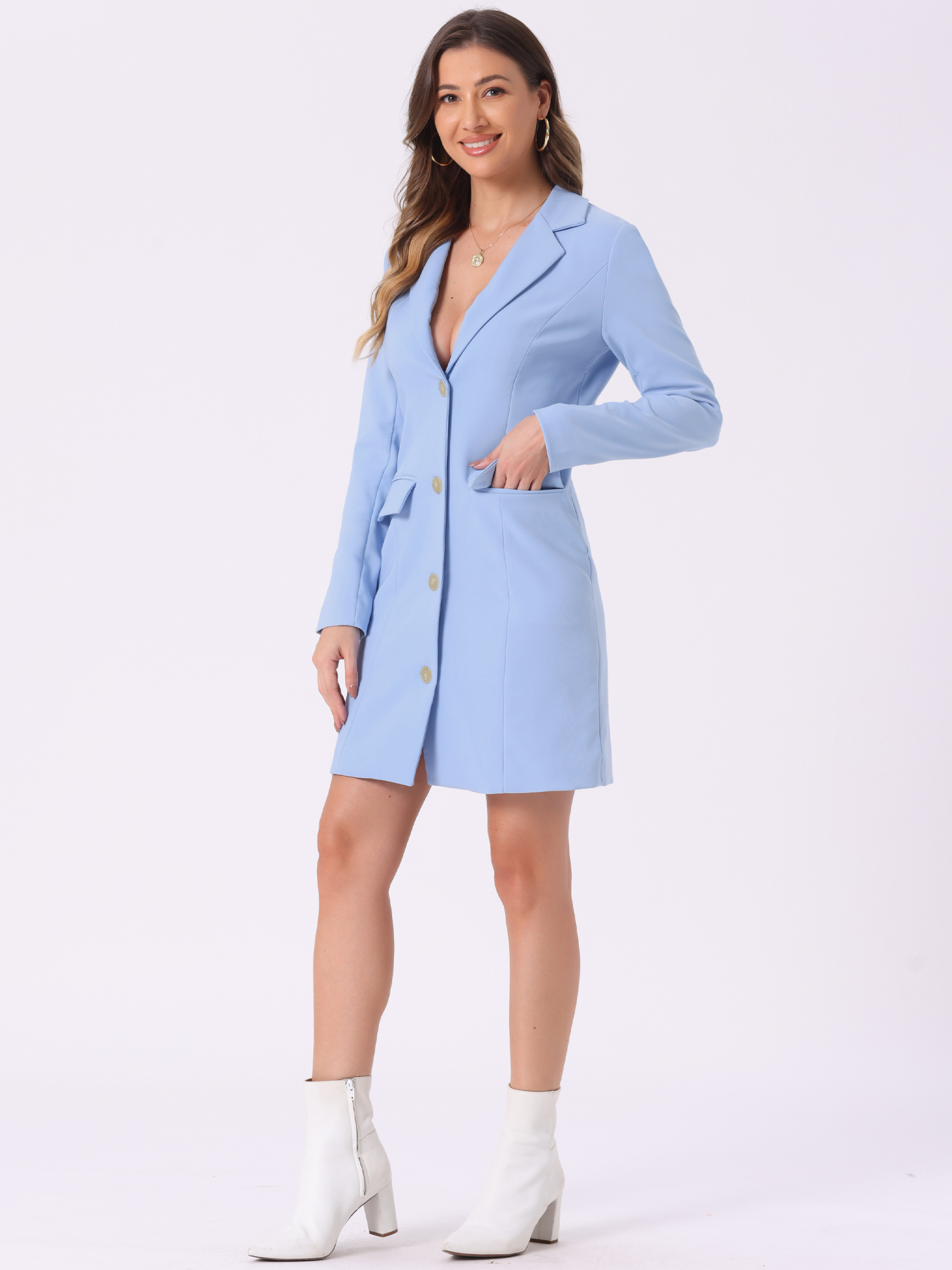 Casual Blazer Notched Lapel Collar Office Work Dress Blue/XL