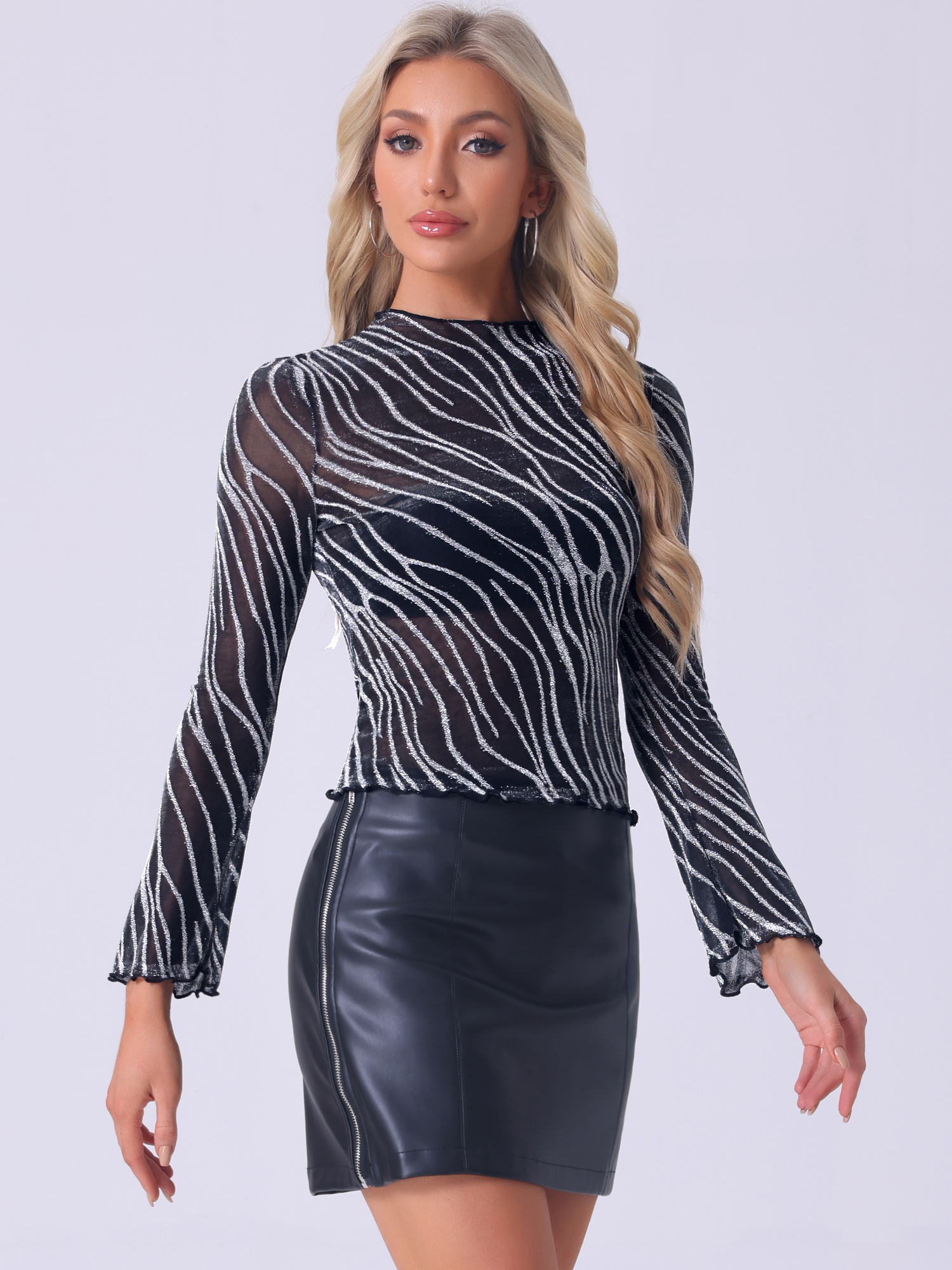 Mesh Sheer Lettuce Trim Long Sleeve Glitter Textured Blouse Silver/S