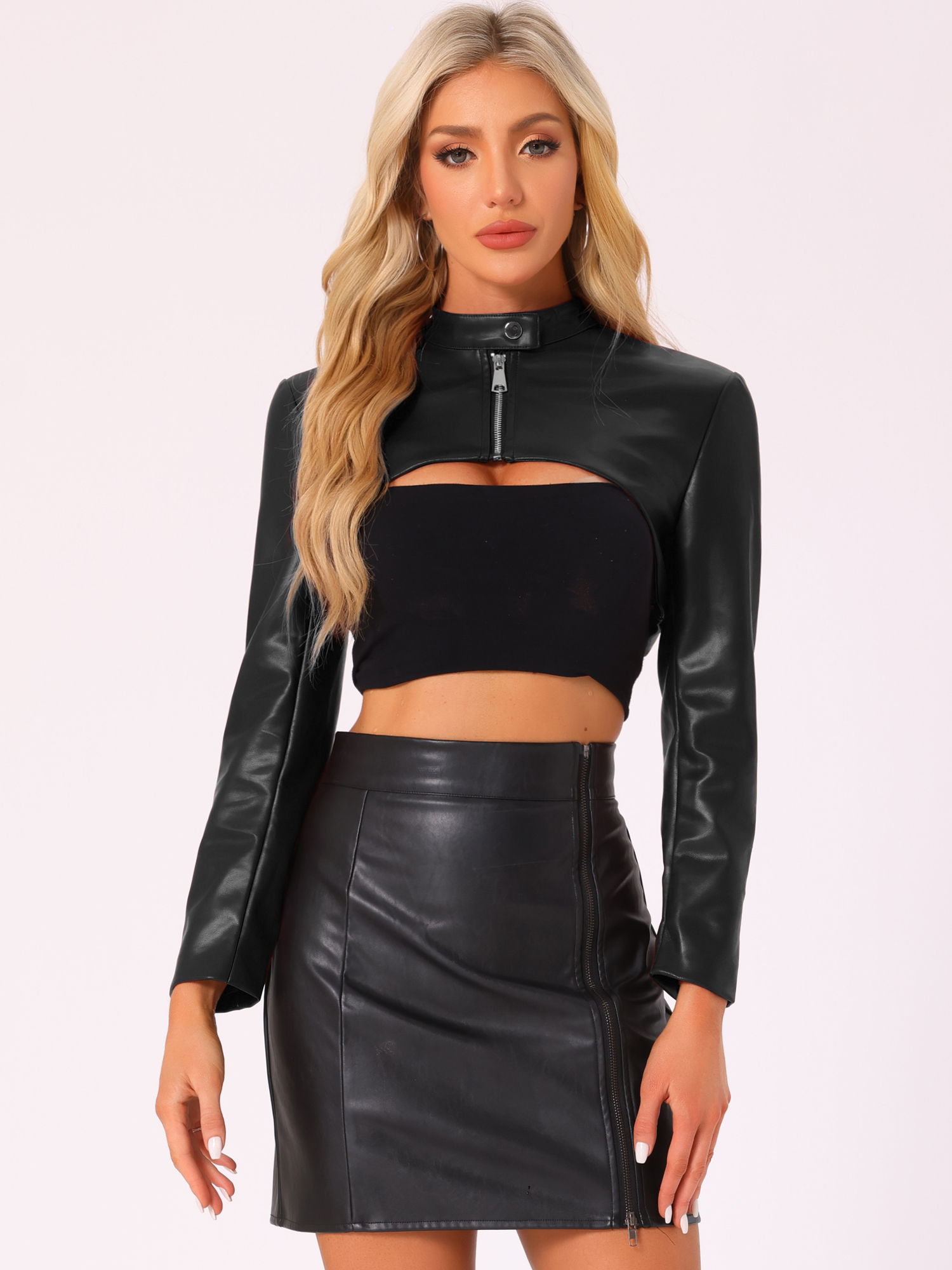 Faux Leather Stand Collar Moto Biker Cropped Jacket Shrugs Black/S