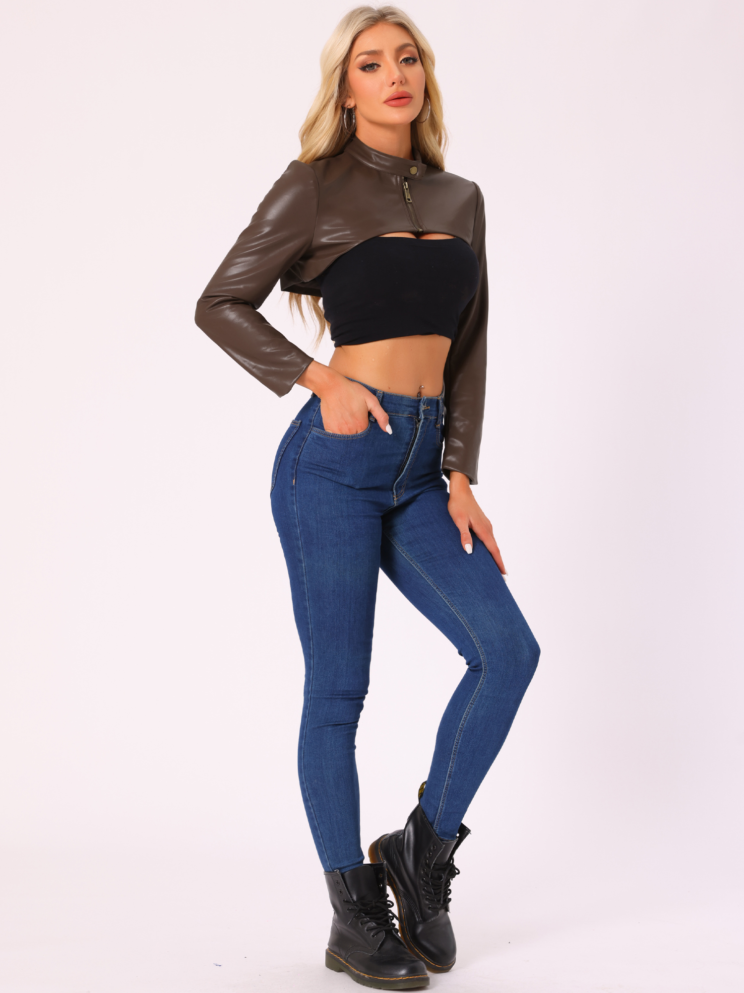 Faux Leather Stand Collar Moto Biker Cropped Jacket Shrugs Brown/XL