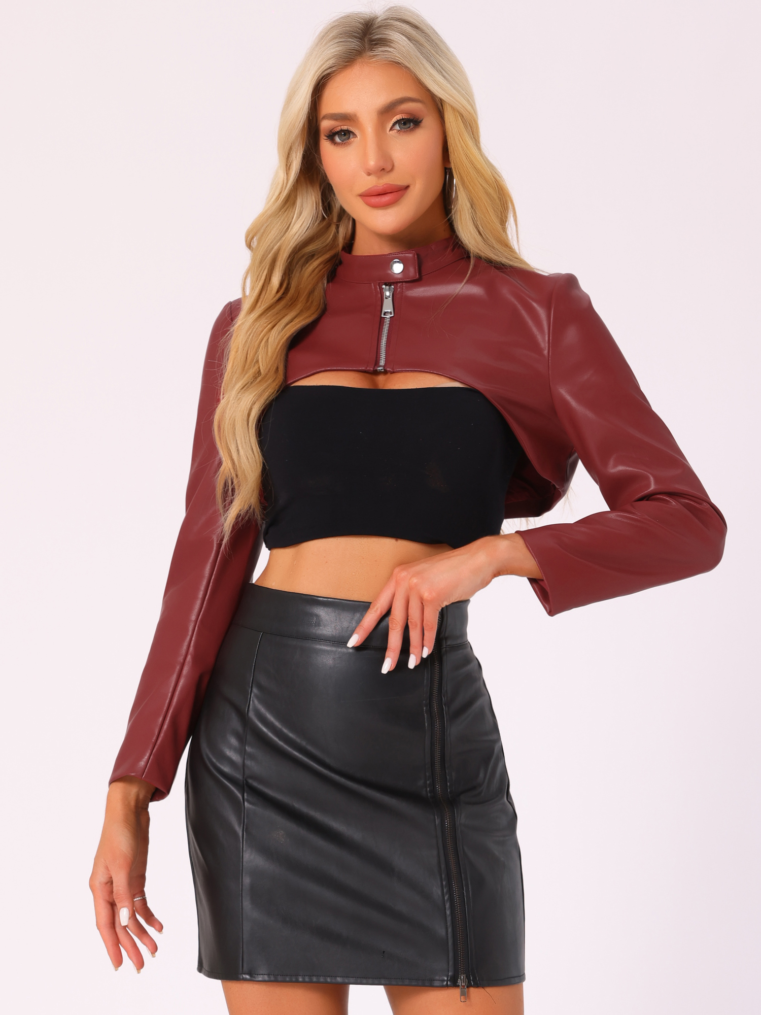 Faux Leather Stand Collar Moto Biker Cropped Jacket Shrugs Dark Red/S