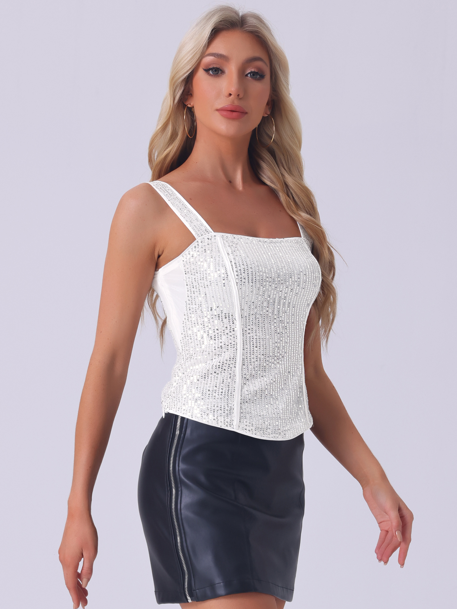 Sequin Sparkly Glitter Sleeveless Cropped Tank Top Silver/XL