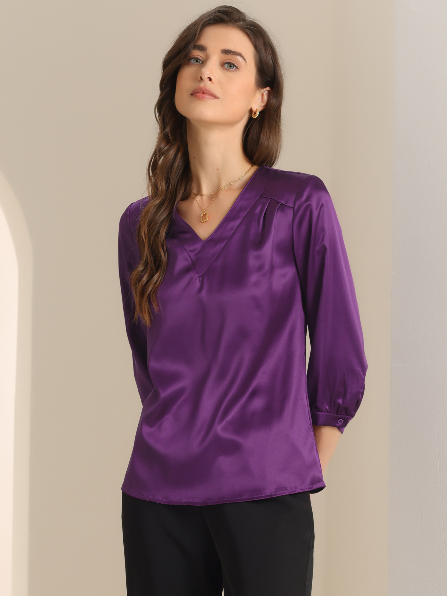 Casual Office Blouse 3/4 Sleeve V Neck Satin Shirt Dark Purple/XL