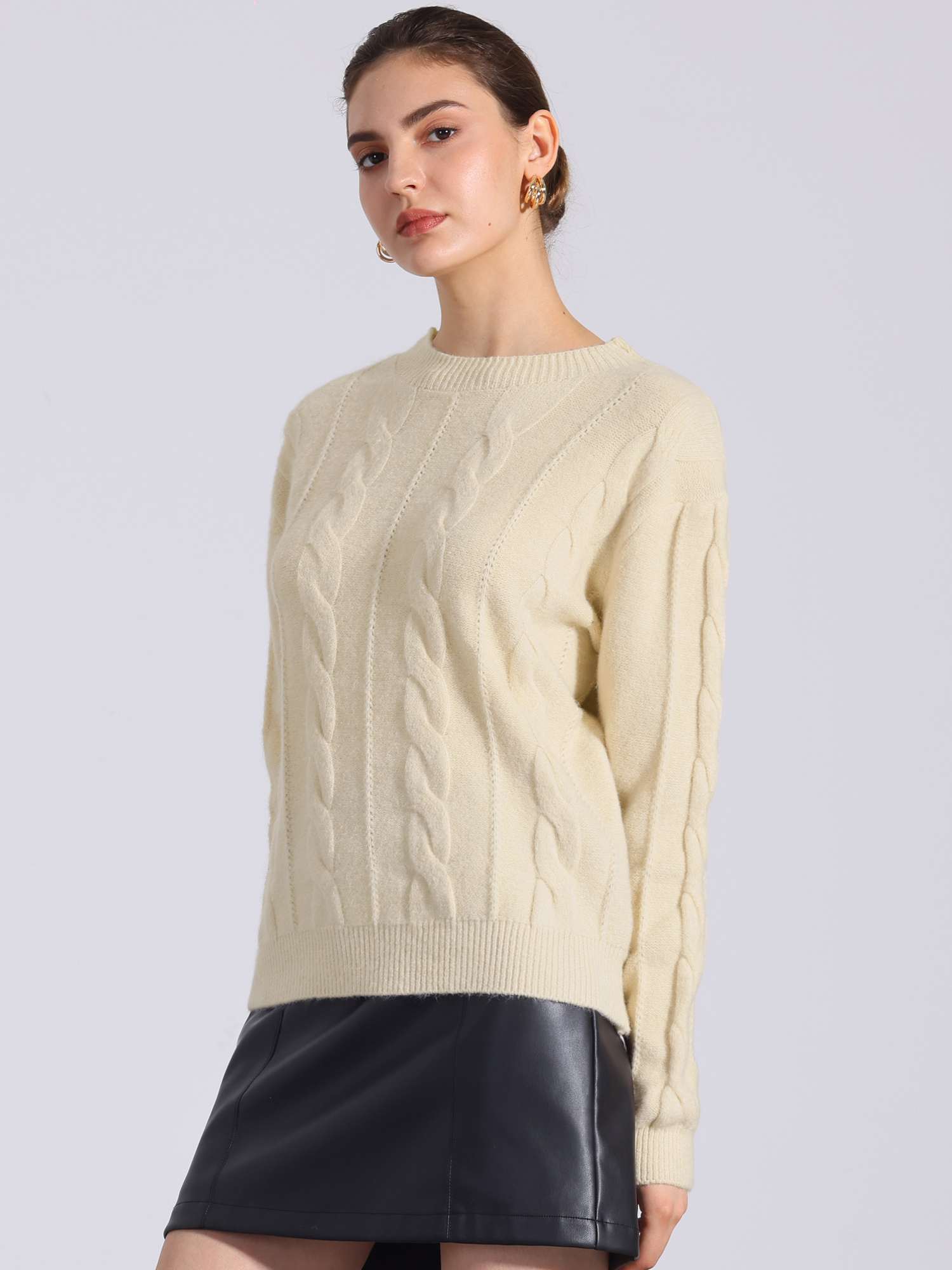 Long Sleeve Pullover Cable Knit Crew Neck Sweater Beige/XL