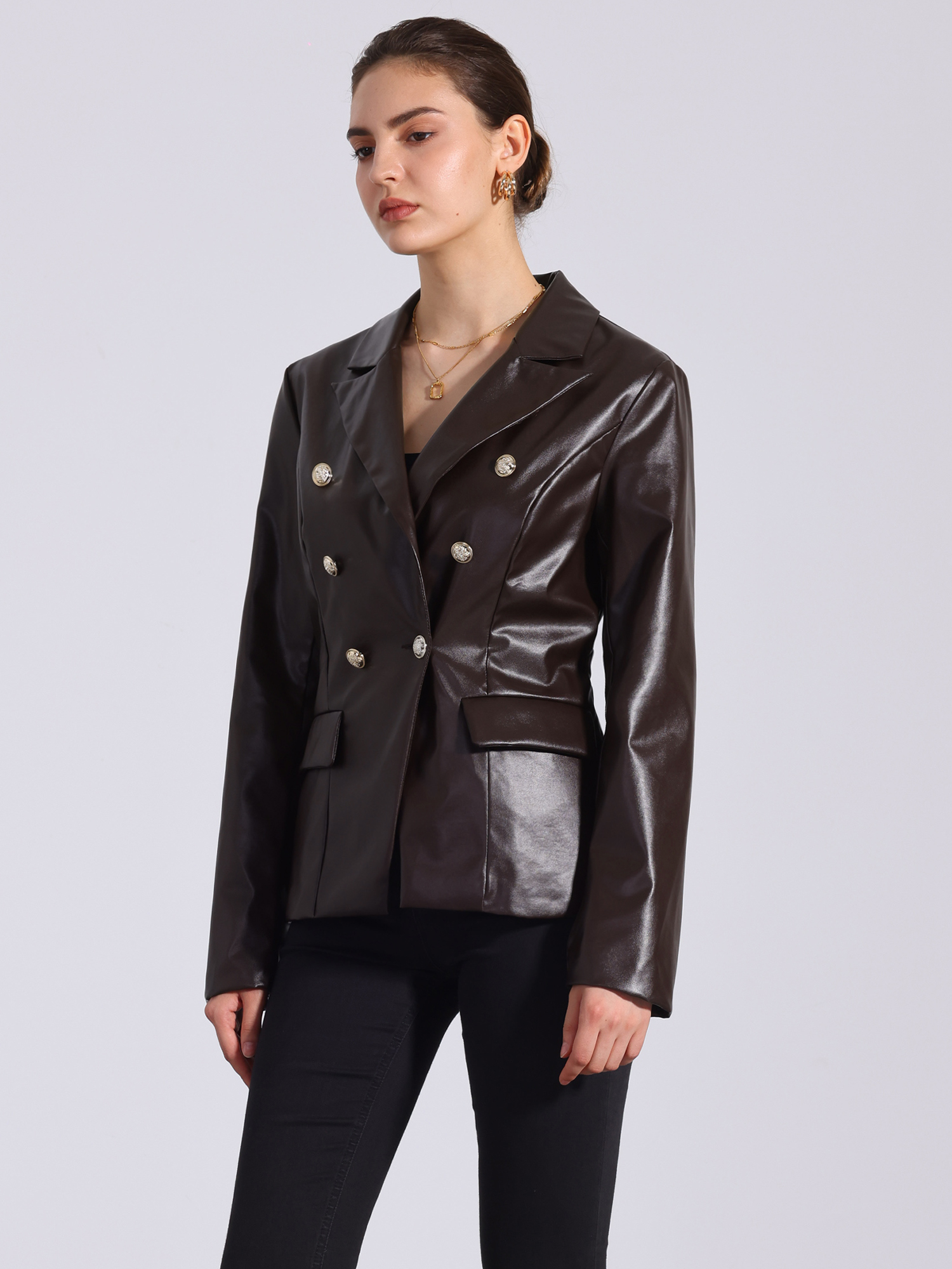 Notched Lapel Faux Leather Double Breasted PU Work Blazer Coffee/XL