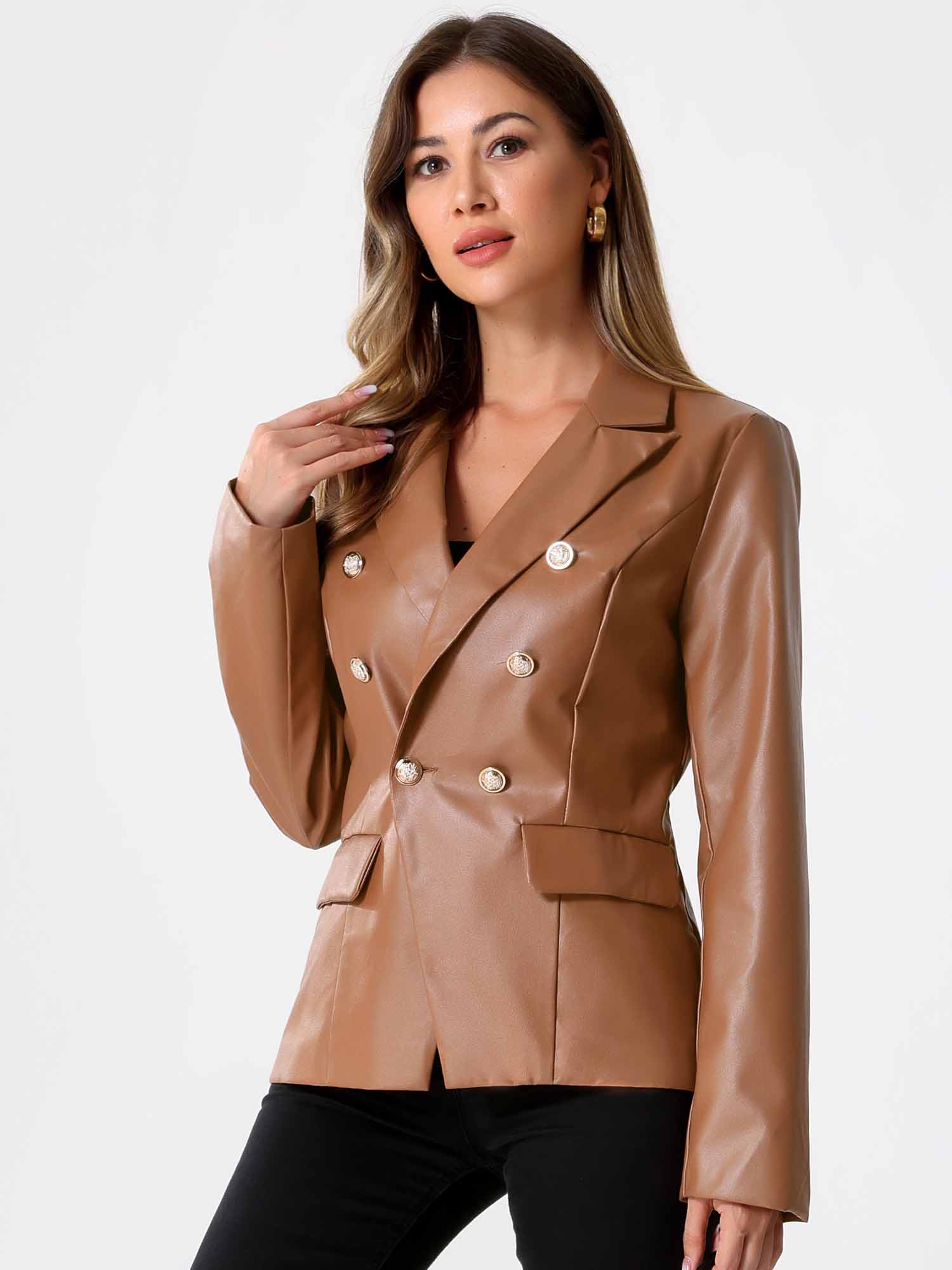 Notched Lapel Faux Leather Double Breasted PU Work Blazer Brown/XL