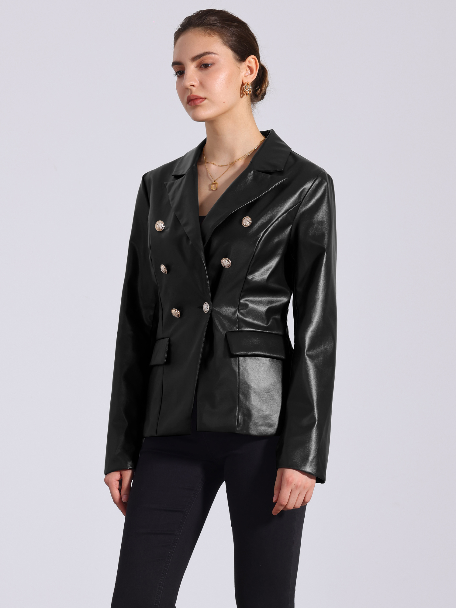 Notched Lapel Faux Leather Double Breasted PU Work Blazer Black/S