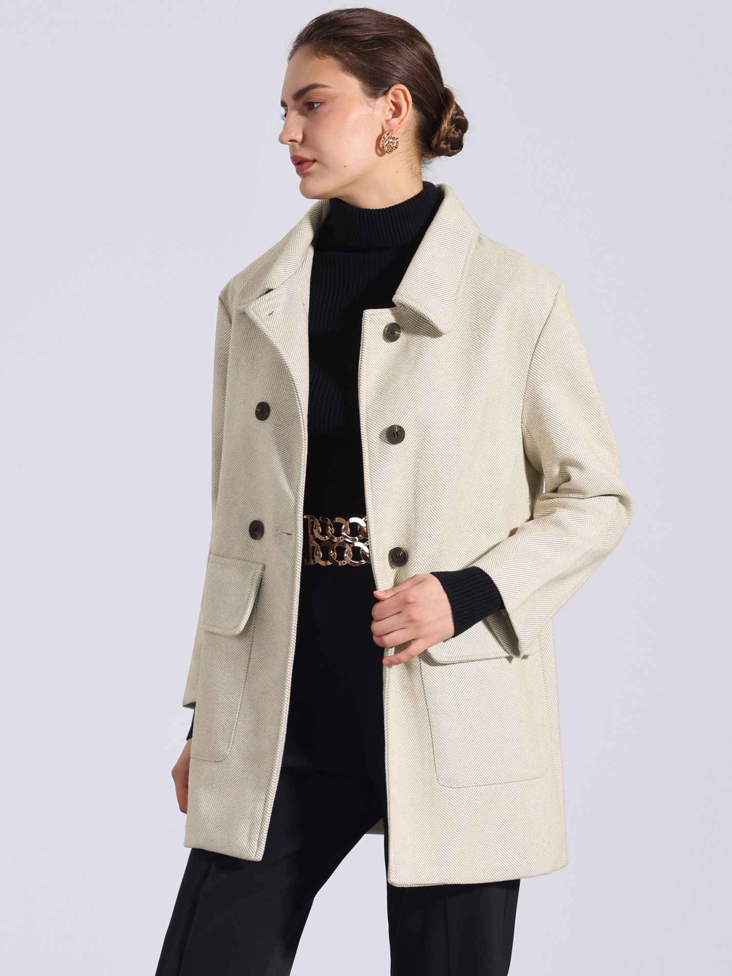 Long Sleeve Double Breasted Classic Winter Pea Coat Beige/XL