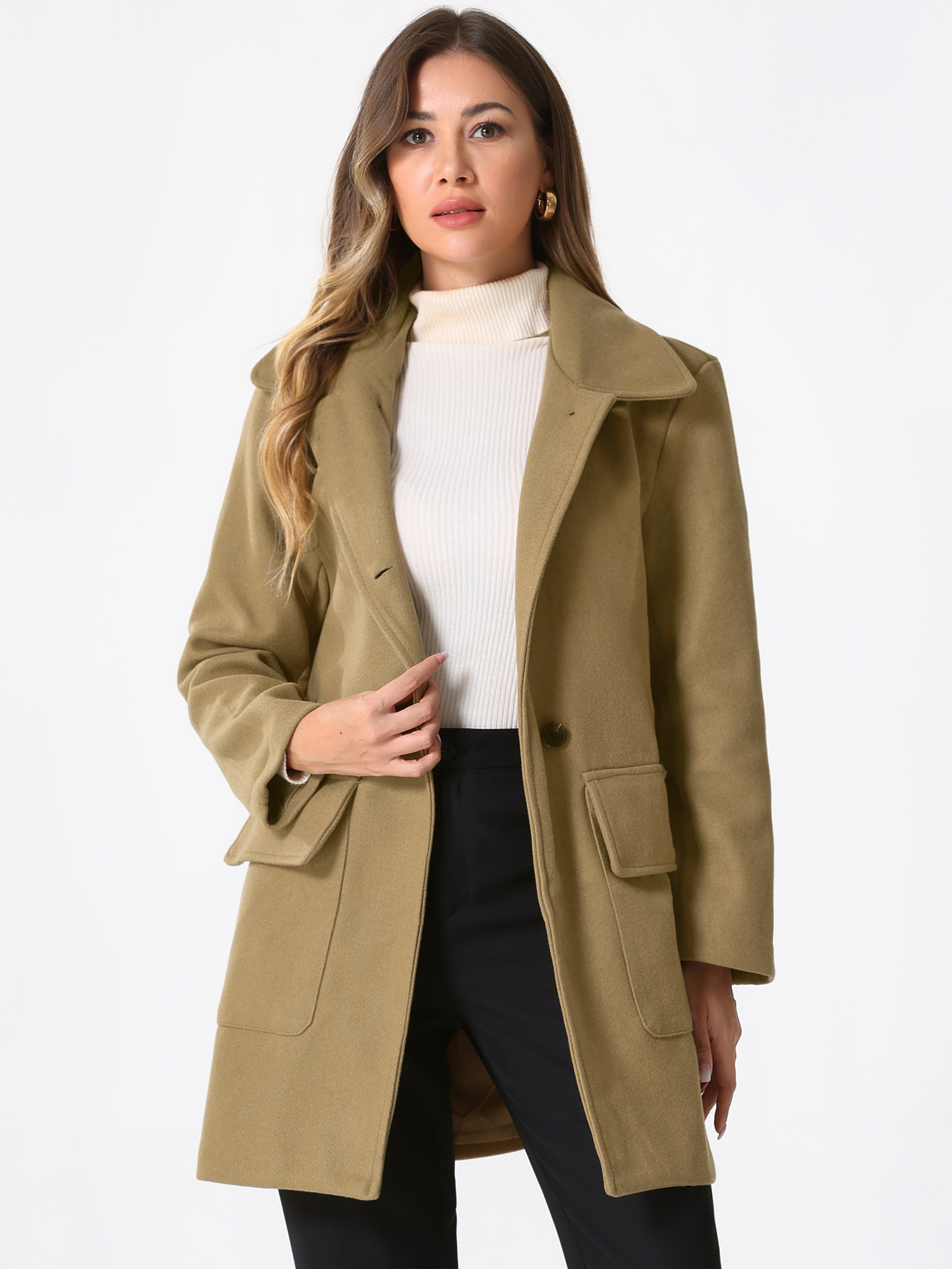 Long Sleeve Double Breasted Classic Winter Pea Coat Khaki/M