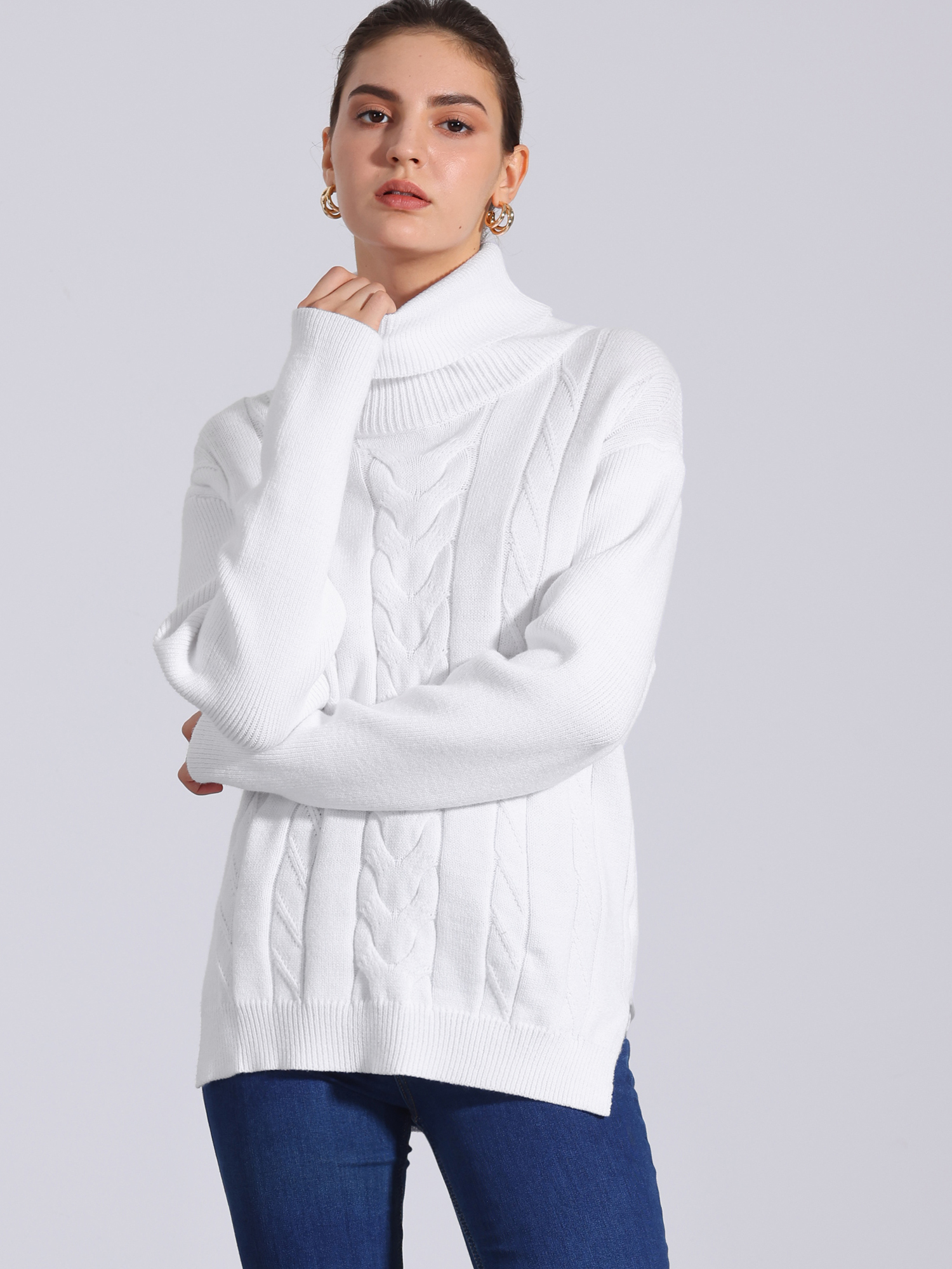 Cable Knit High Low Split Long Sleeve Turtle Neck Jumpers Sweaters White/L