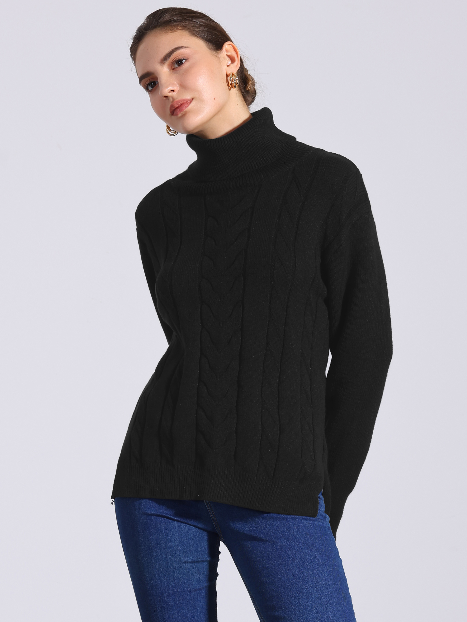 Cable Knit High Low Split Long Sleeve Turtle Neck Jumpers Sweaters Black/M