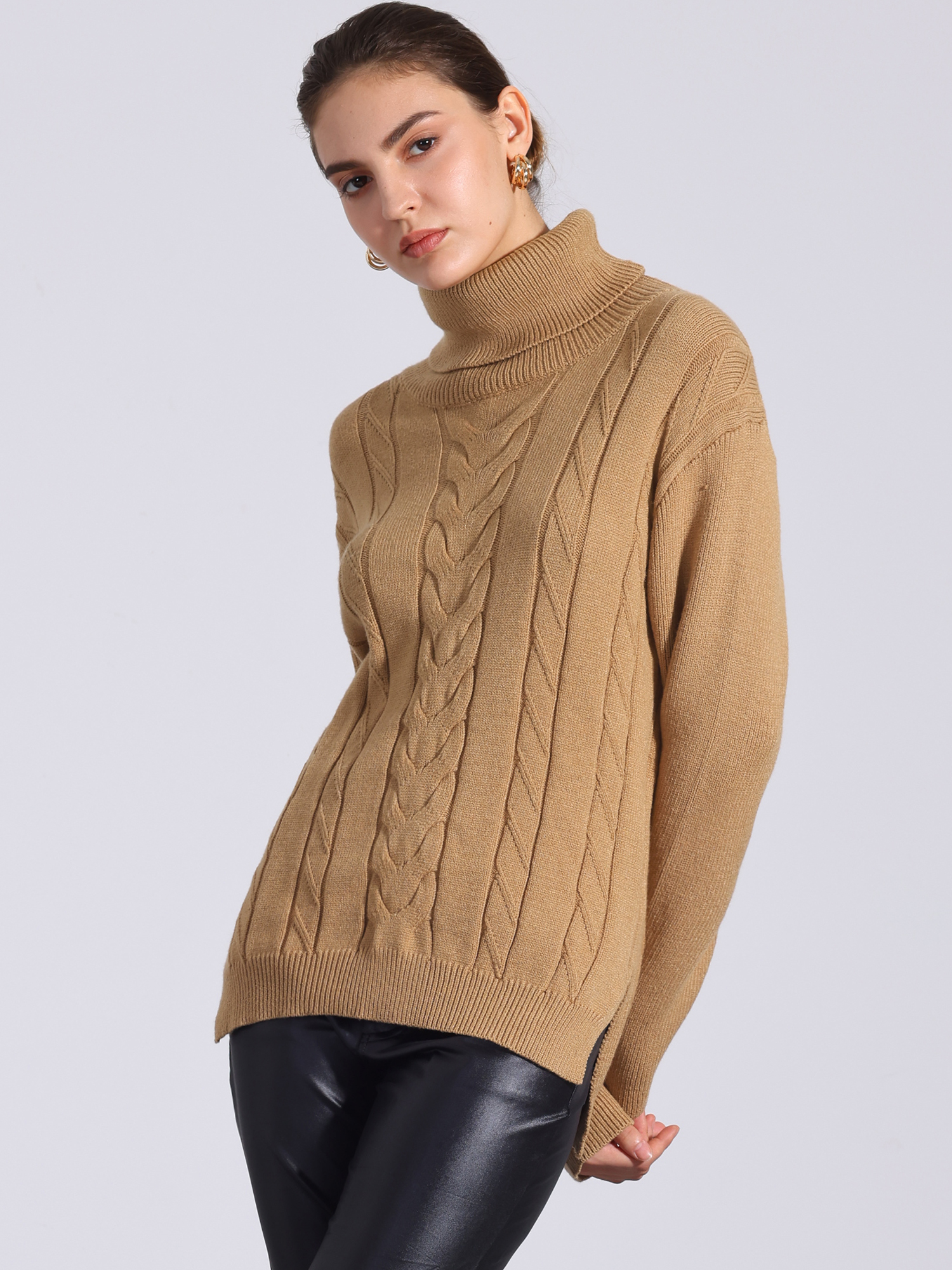 Cable Knit High Low Split Long Sleeve Turtle Neck Jumpers Sweaters Brown/M