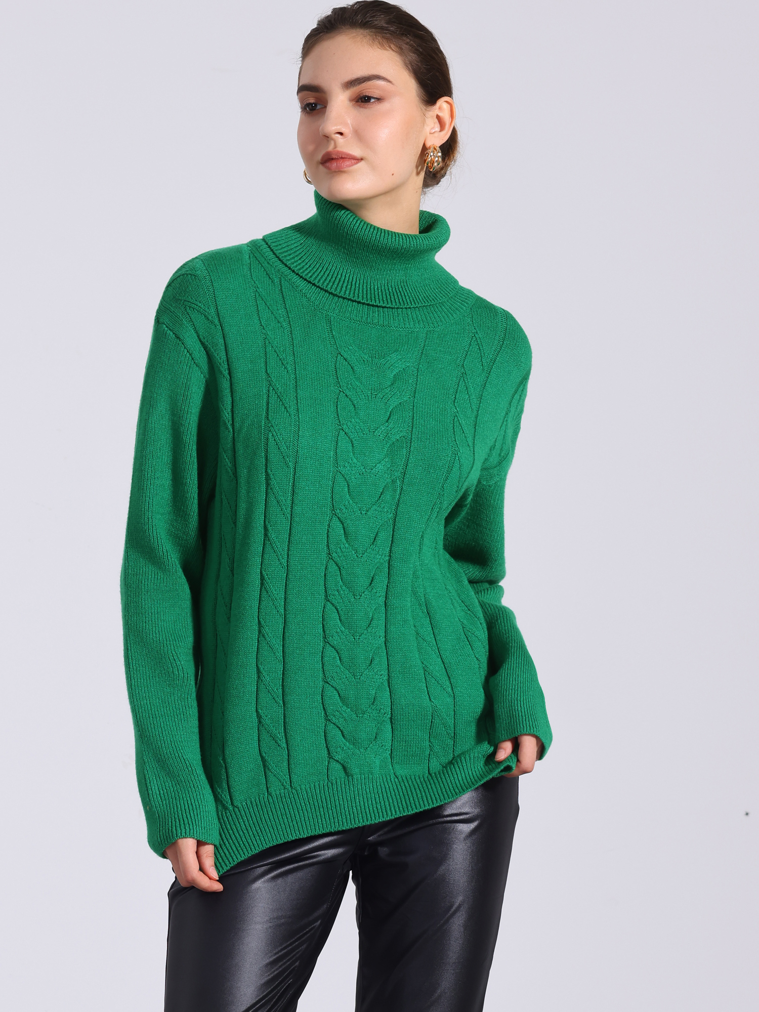 Cable Knit High Low Split Long Sleeve Turtle Neck Jumpers Sweaters Green/M