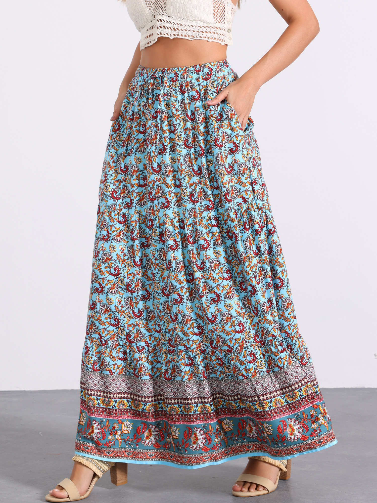 Boho Casual Bohemian Floral Printed Elastic Waist Maxi Skirt Blue/XL