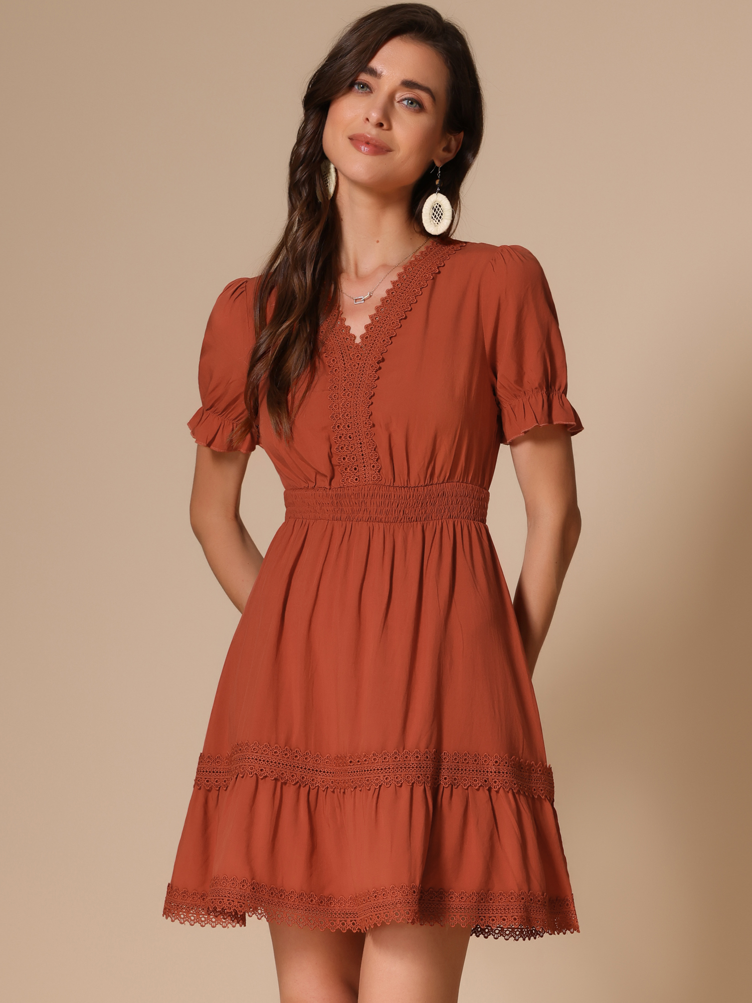 Boho Puff Sleeve V Neck Smocked Waist Ruffled Tiered Dress Brown/XS