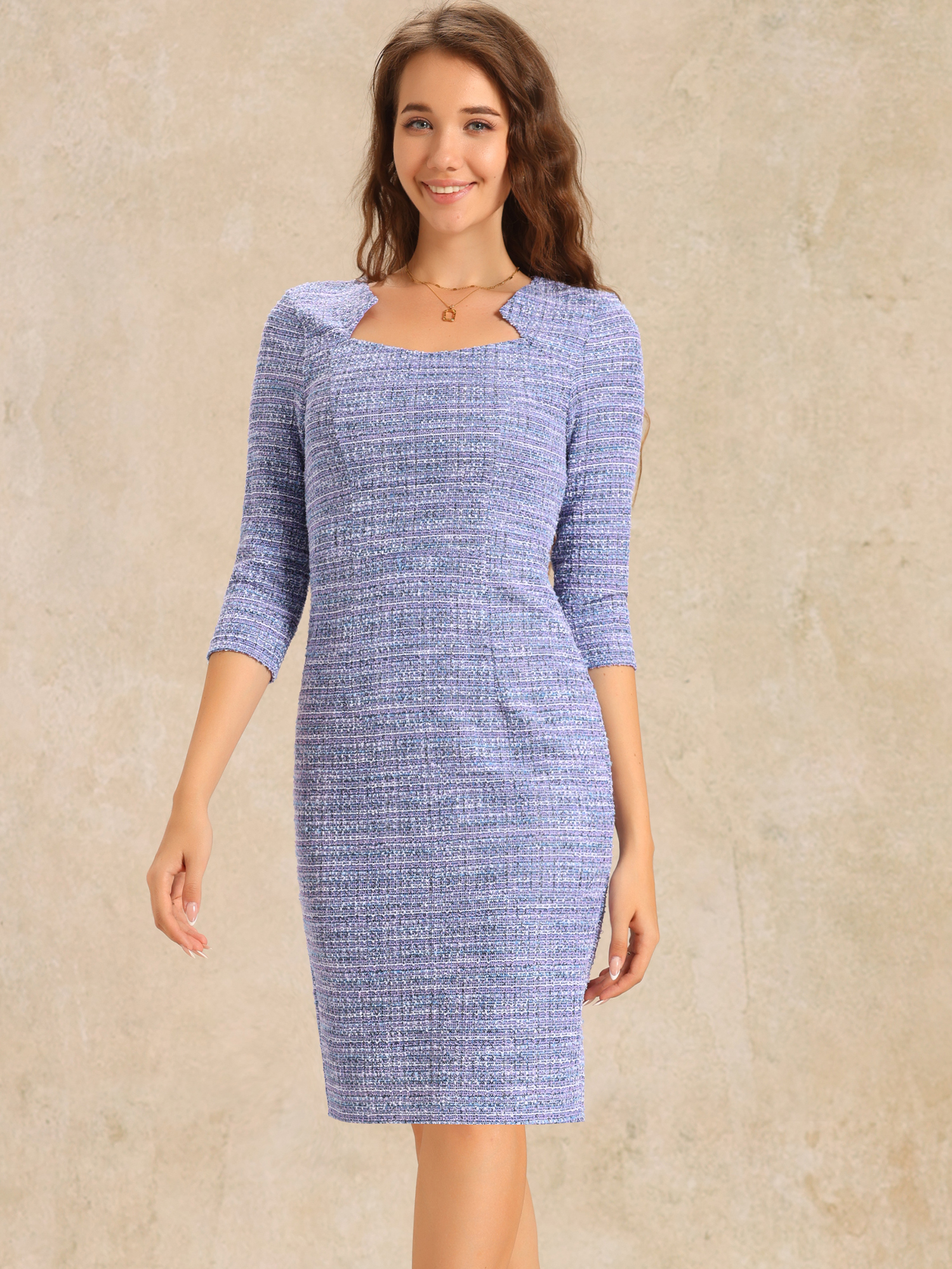 Elegant Square Neck 3/4 Sleeve Plaid Tweed Sheath Dress Purple Blue/XL