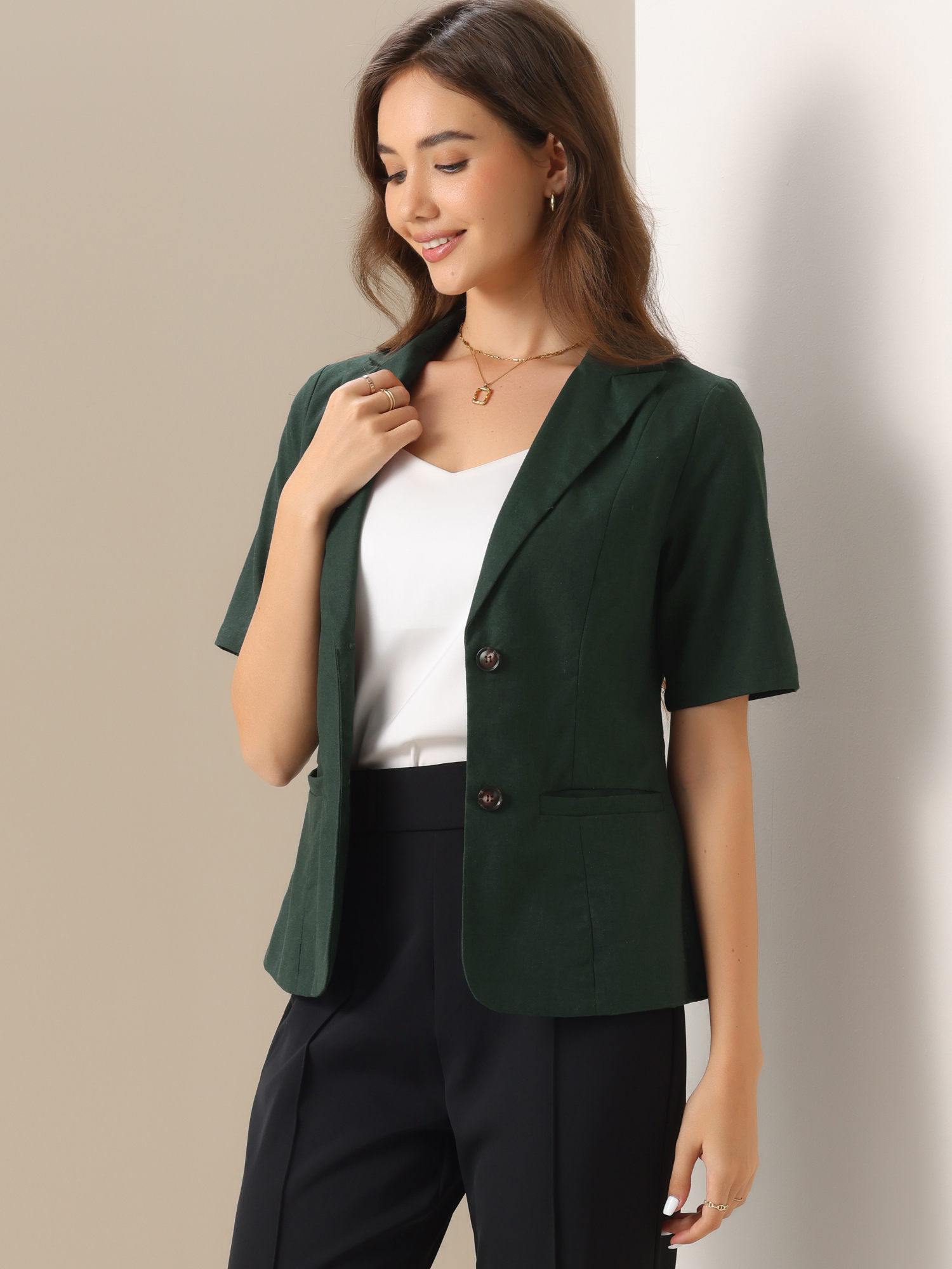 Cotton Linen Office Business Short Sleeve Notched Lapel Blazer Jacket Dark Green/L