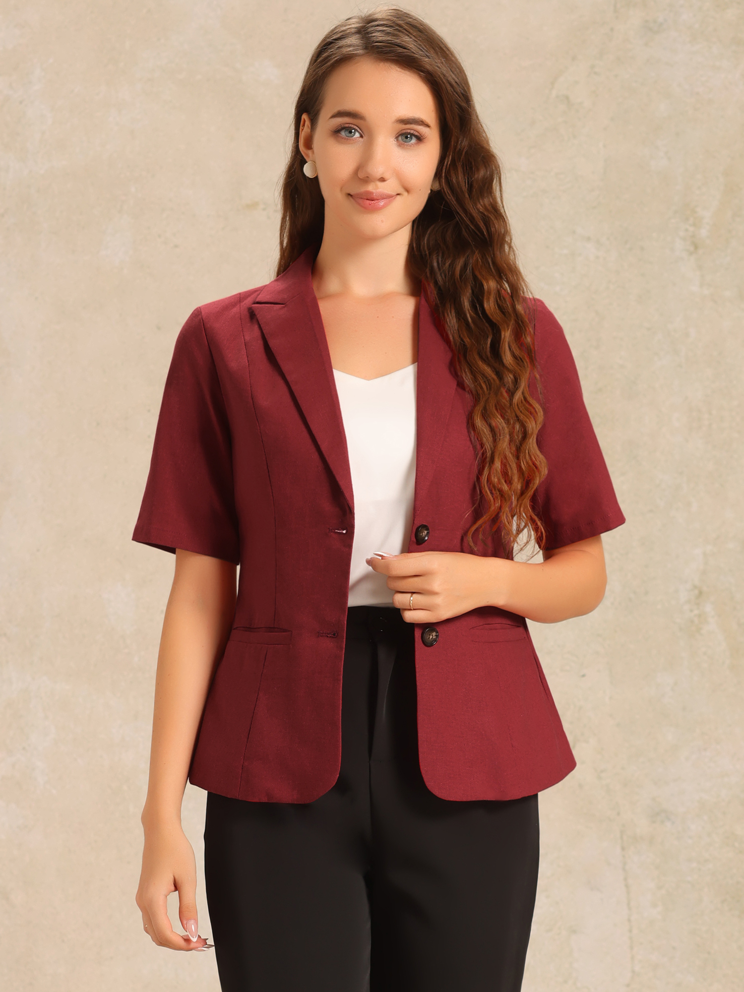 Cotton Linen Office Business Short Sleeve Notched Lapel Blazer Jacket Dark Red/XL