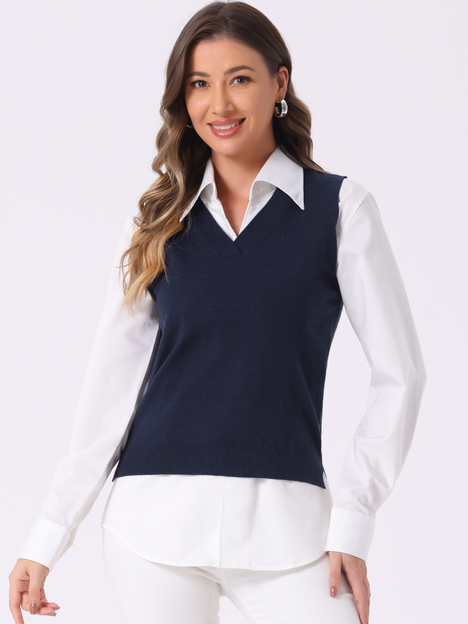 V Neck Vest Sleeveless Pullover Knit Sweater Top Dark Blue/M