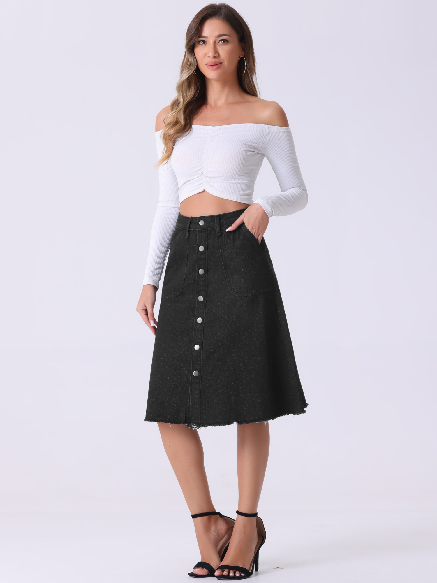Denim Raw Hem Button Down Midi Jeans Skirt Black/M