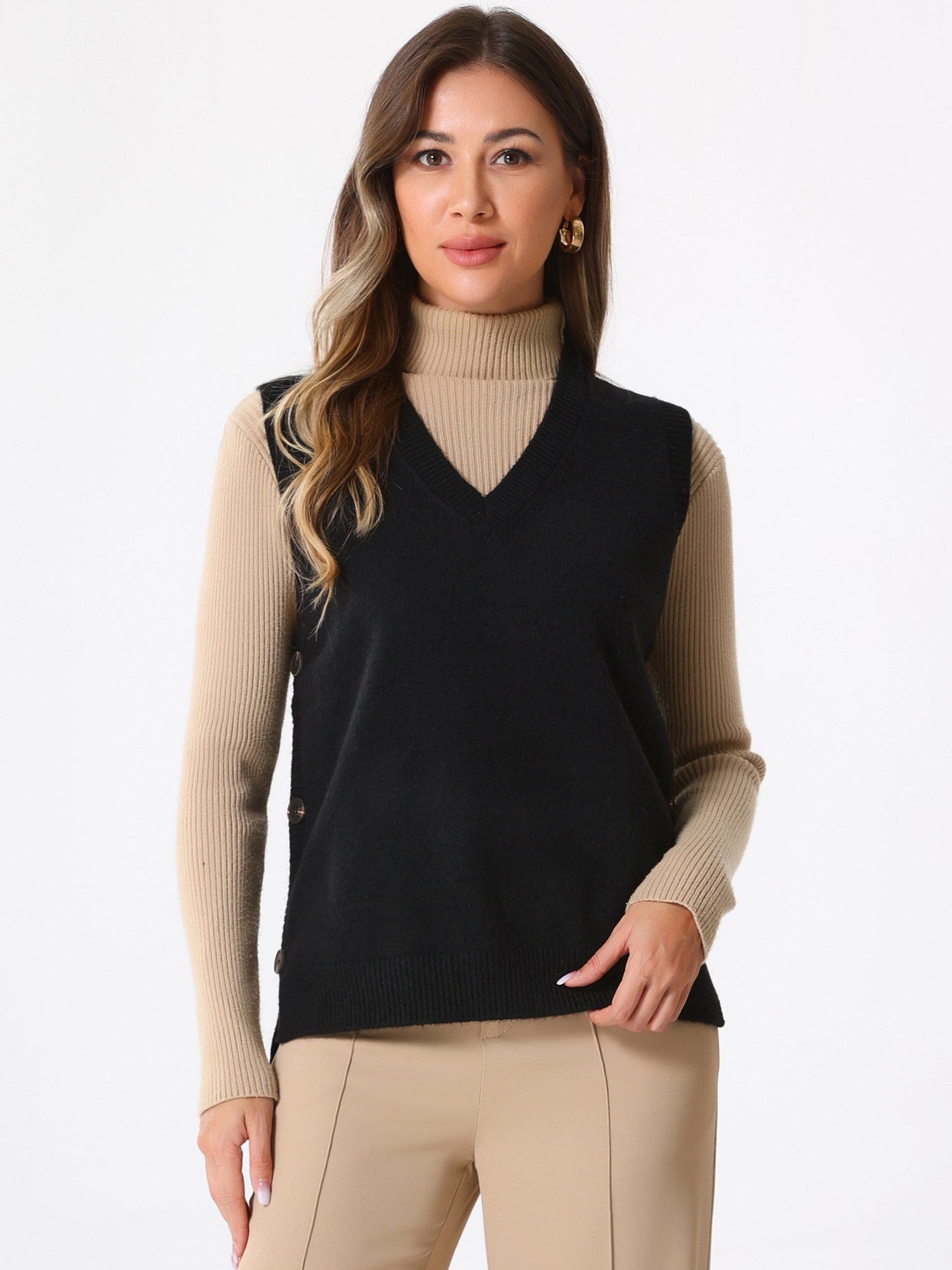 Sleeveless Ribbed V Neck Pullover Knit Sweater Vest Black/M