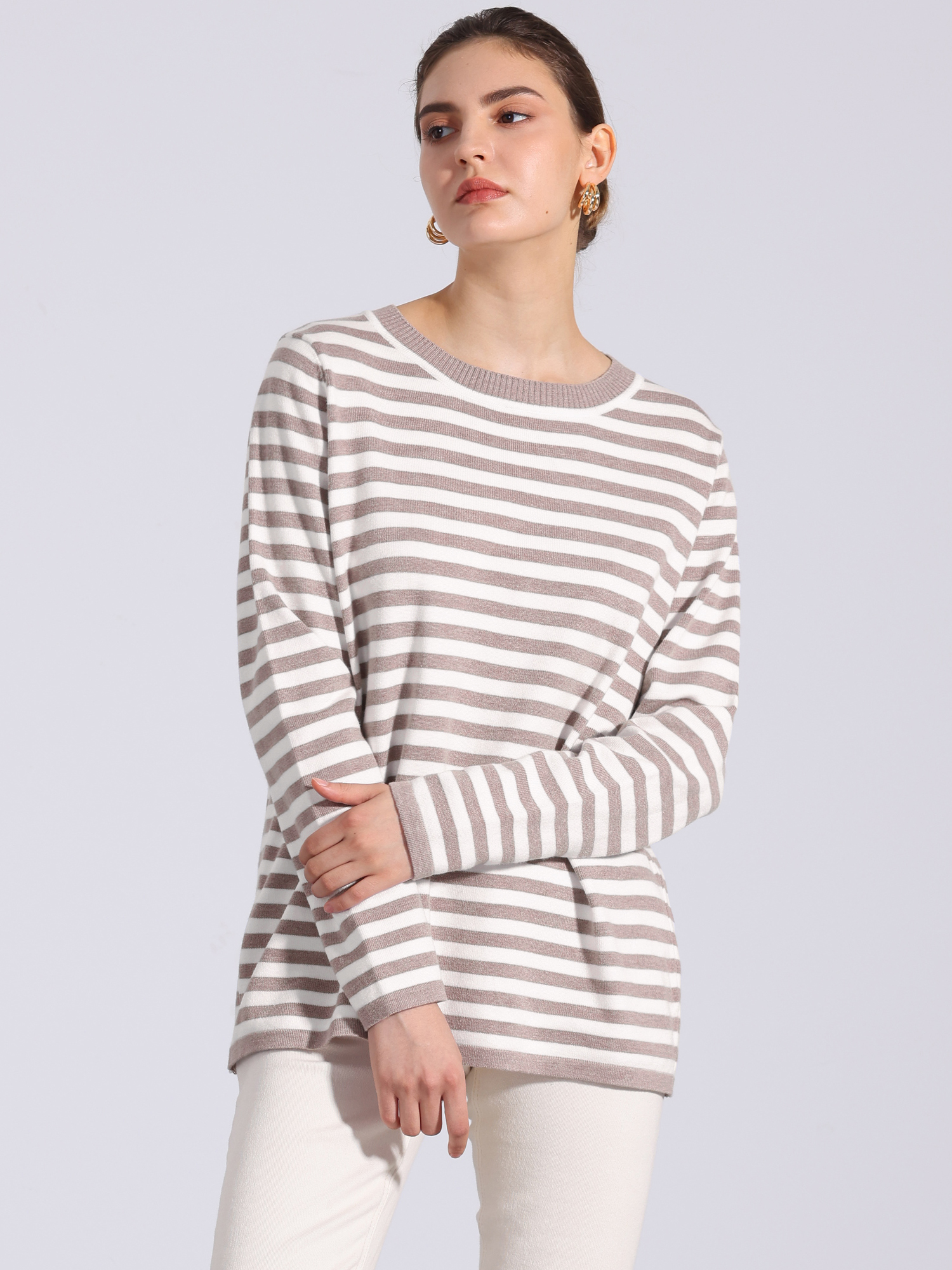 Long Sleeve Striped Crew Neck Pullover Sweater Brown/M