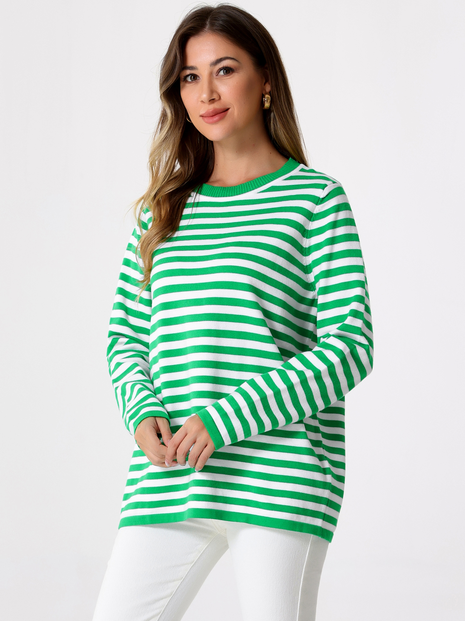 Long Sleeve Striped Crew Neck Pullover Sweater Green/L