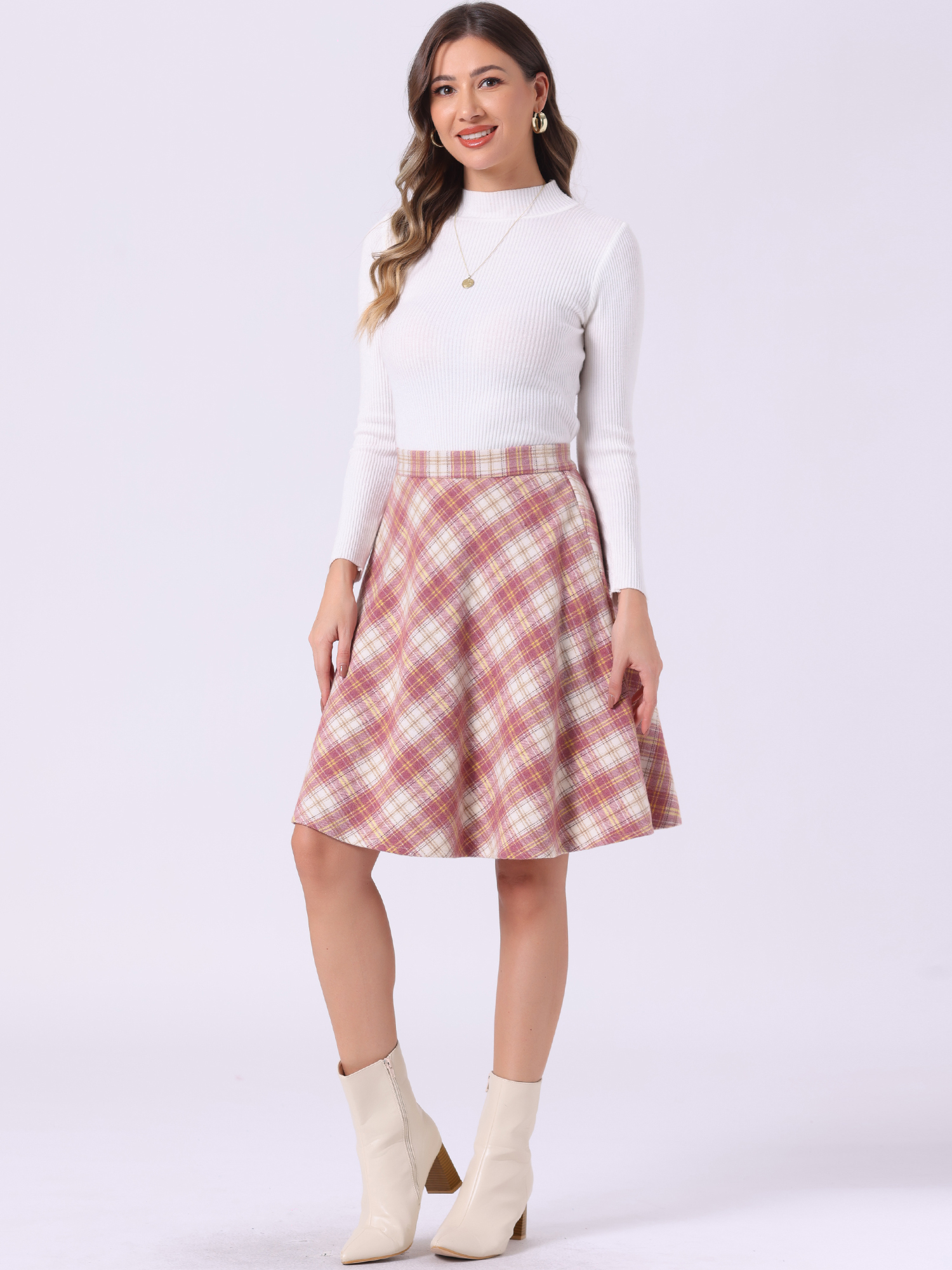 Vintage Plaid Tartan Elastic Waist Knee Length A-Line Skirt Pink Beige/XL