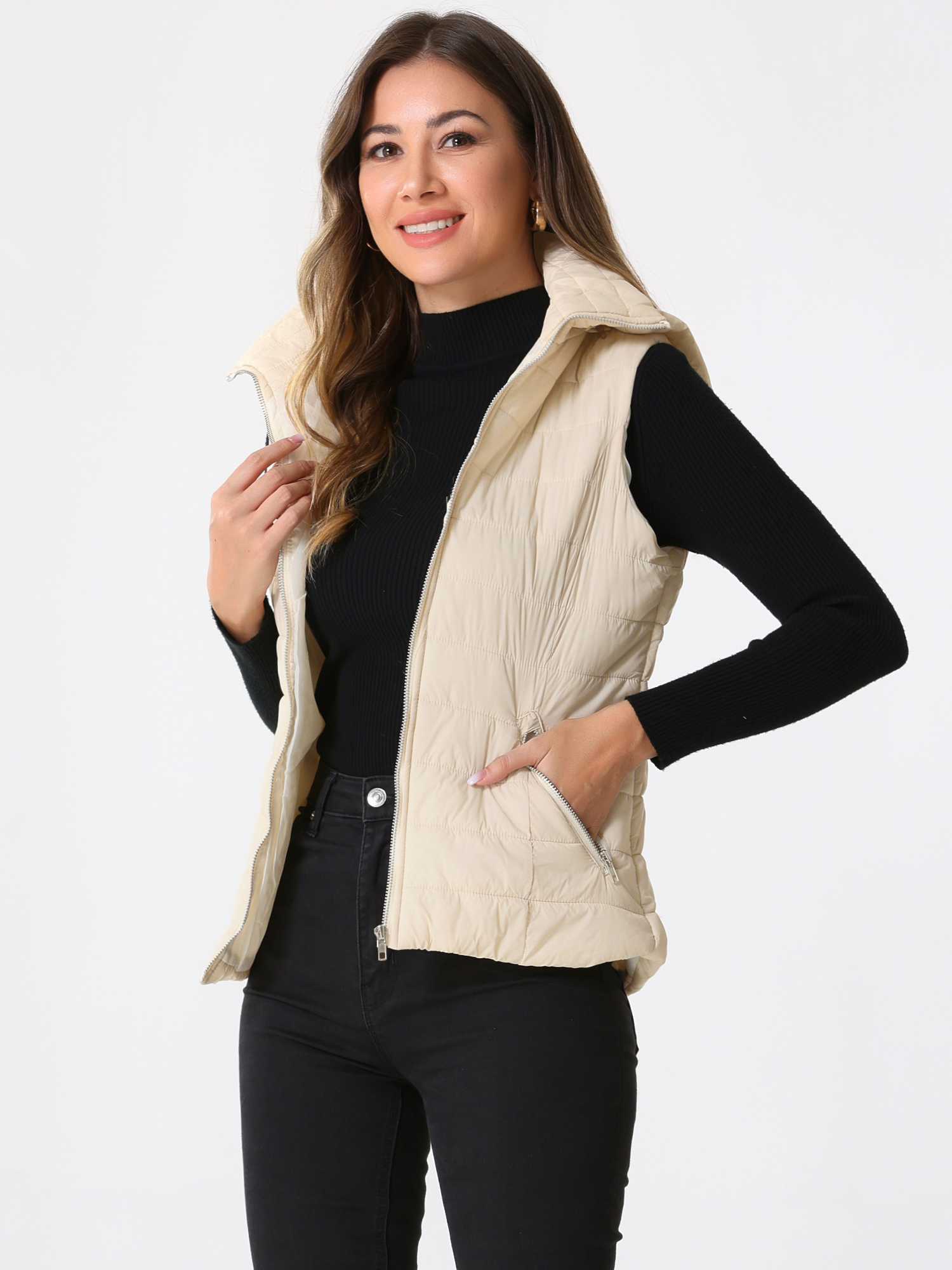Sleeveless Zipper Winter Hoodie Quilted Jacket Vest Beige/L