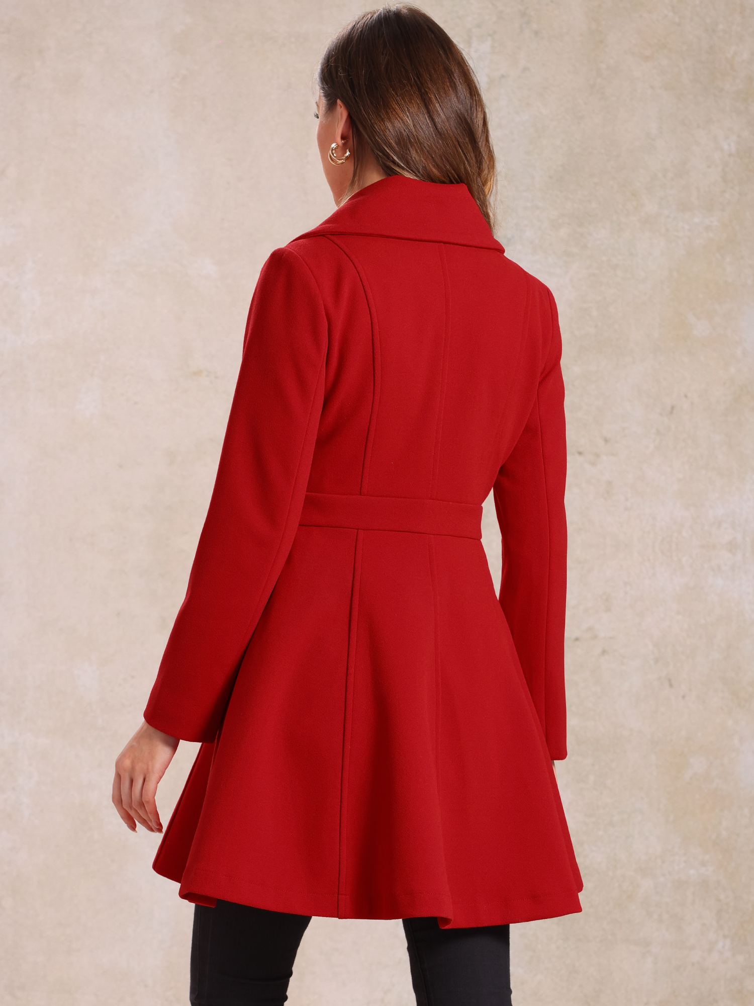 Winter Long Lapel Collar Contrast Double Breast Coat Red/XS