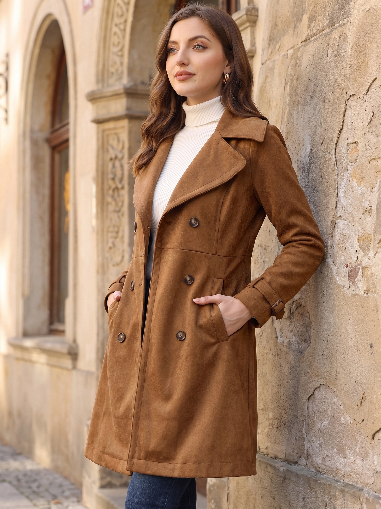 Faux Suede Notched Cuff Solid Double Breasted Tie Belt Trench Coat Dark Brown/M