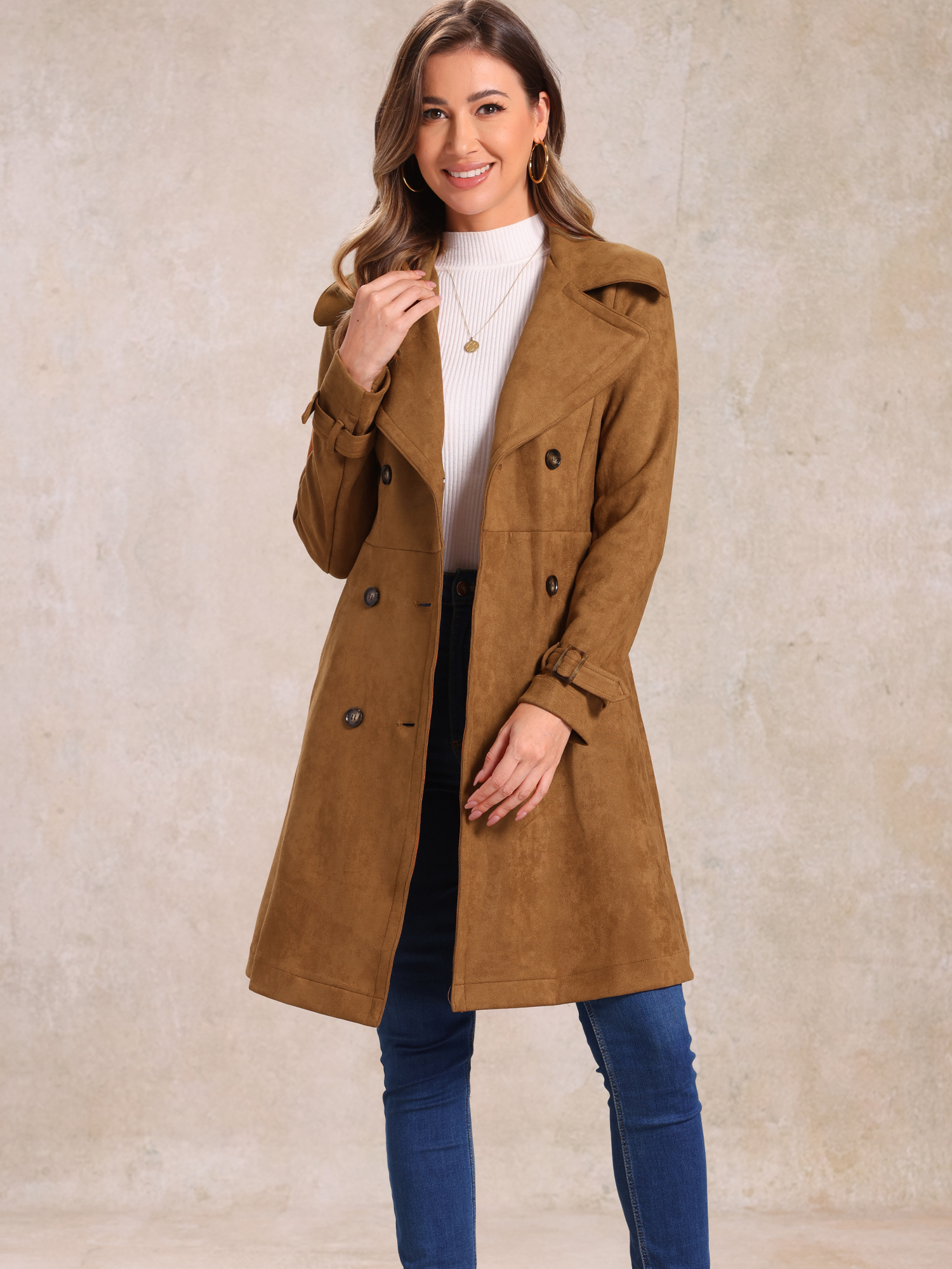 Faux Suede Notched Cuff Solid Double Breasted Tie Belt Trench Coat Dark Brown/L