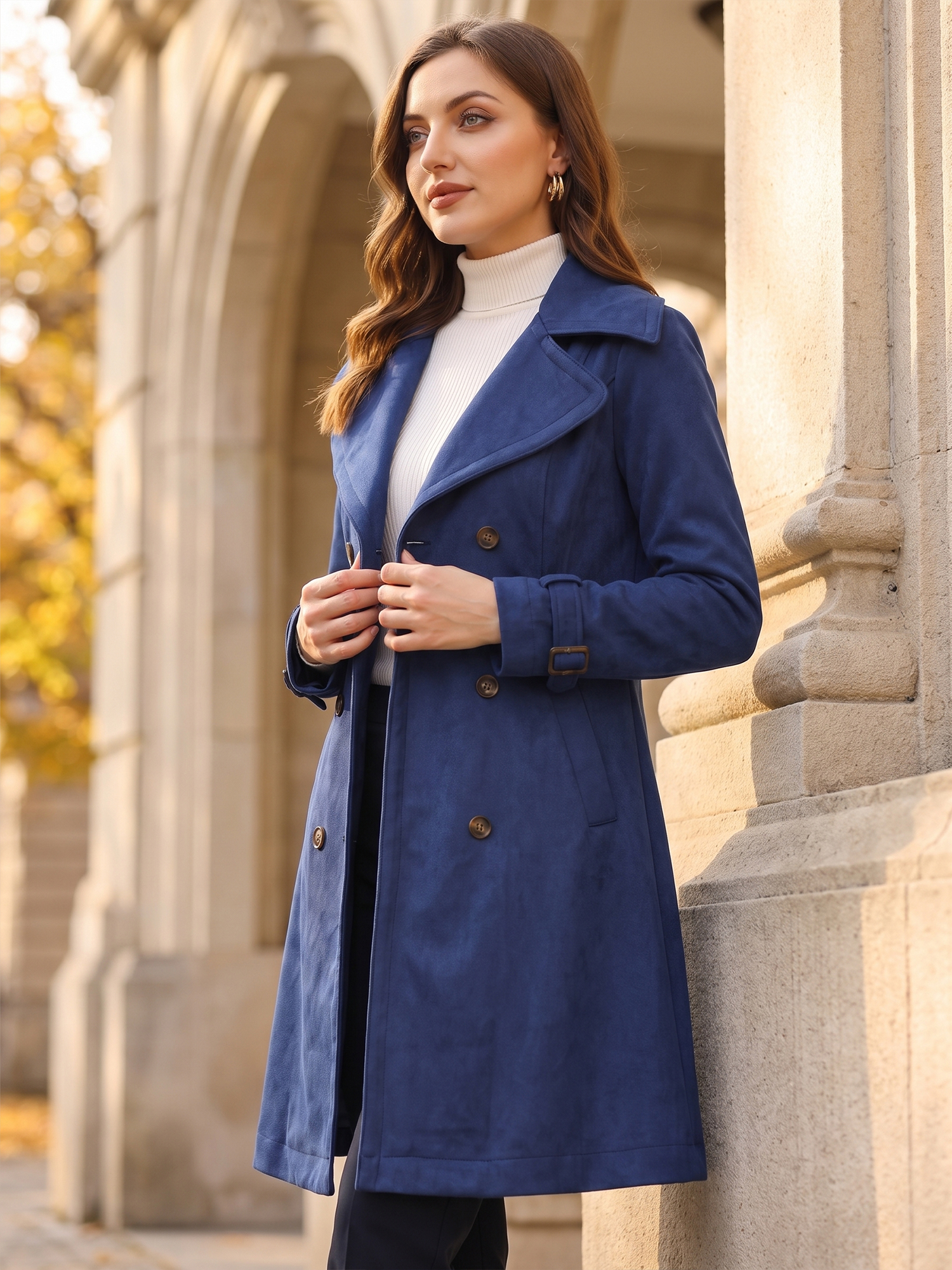 Faux Suede Notched Cuff Solid Double Breasted Tie Belt Trench Coat Dark Blue/XL
