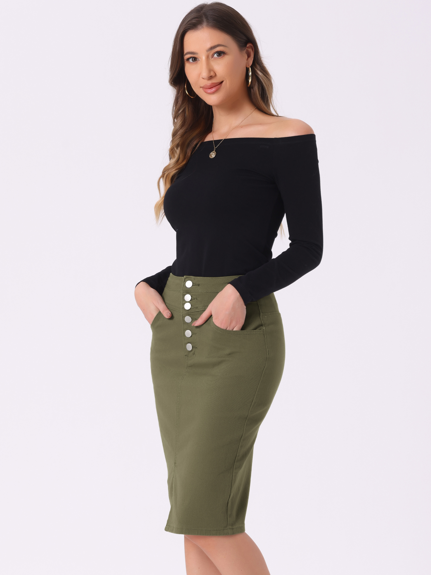Denim Pencil Button High Waist Split Hem Casual Midi Jean Skirts Army Green/M