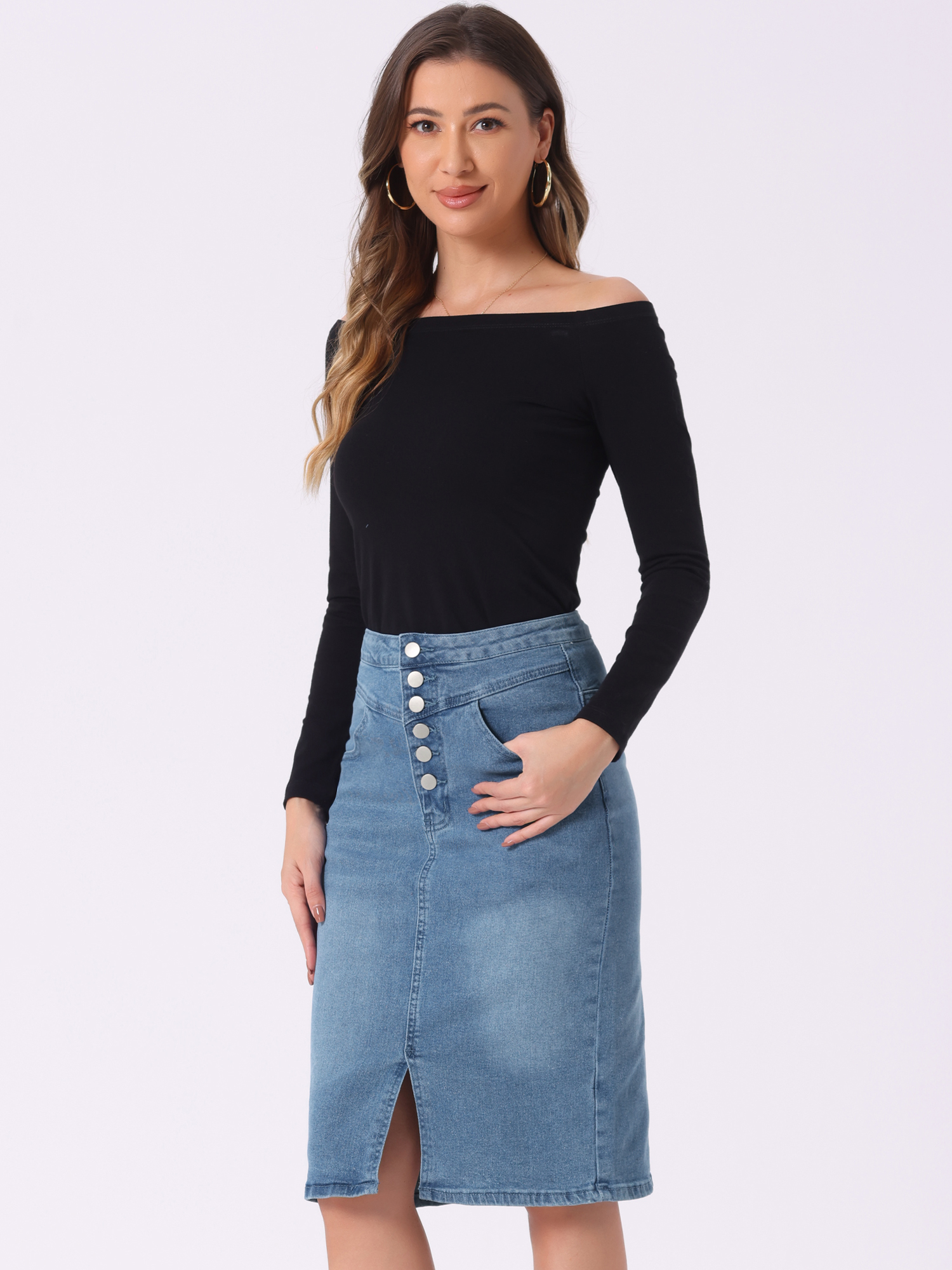 Denim Pencil Button High Waist Split Hem Casual Midi Jean Skirts Light Blue/M
