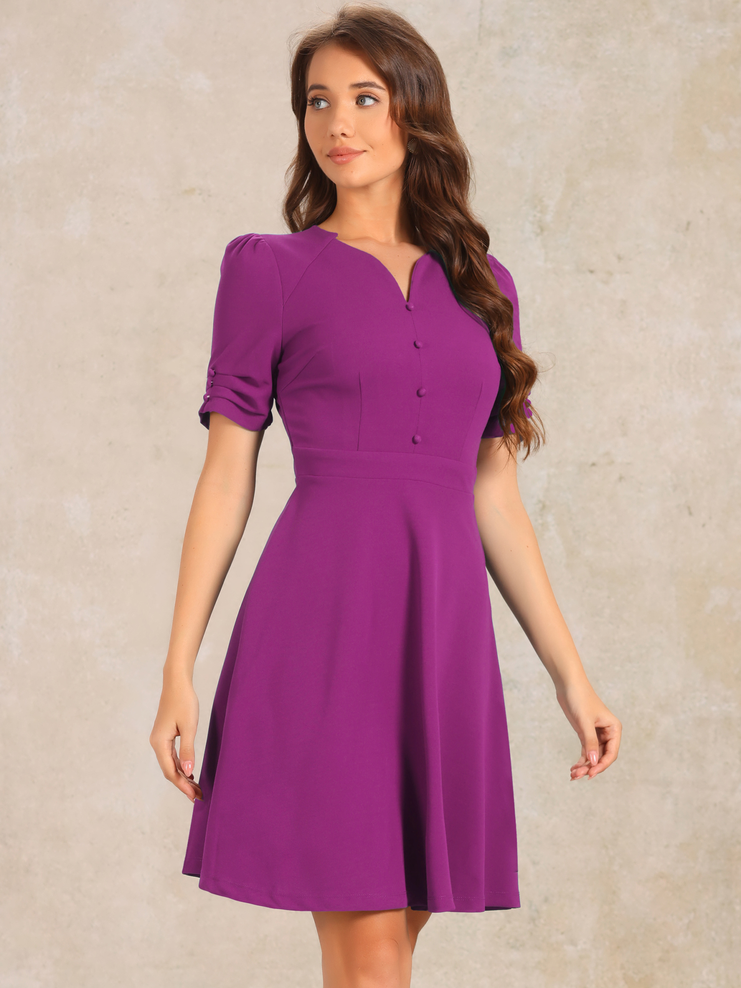 Elegant Short Puff Sleeve V Neck A-Line Zipper Side Office Dress Purple/L