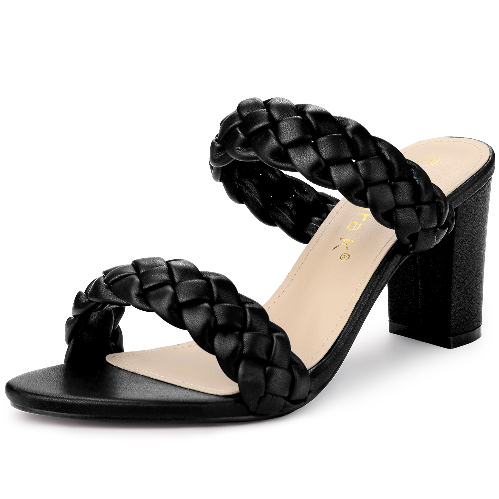 Elegant Open Toe Slip On Braided Chunky Heel Slide Sandals Black/7