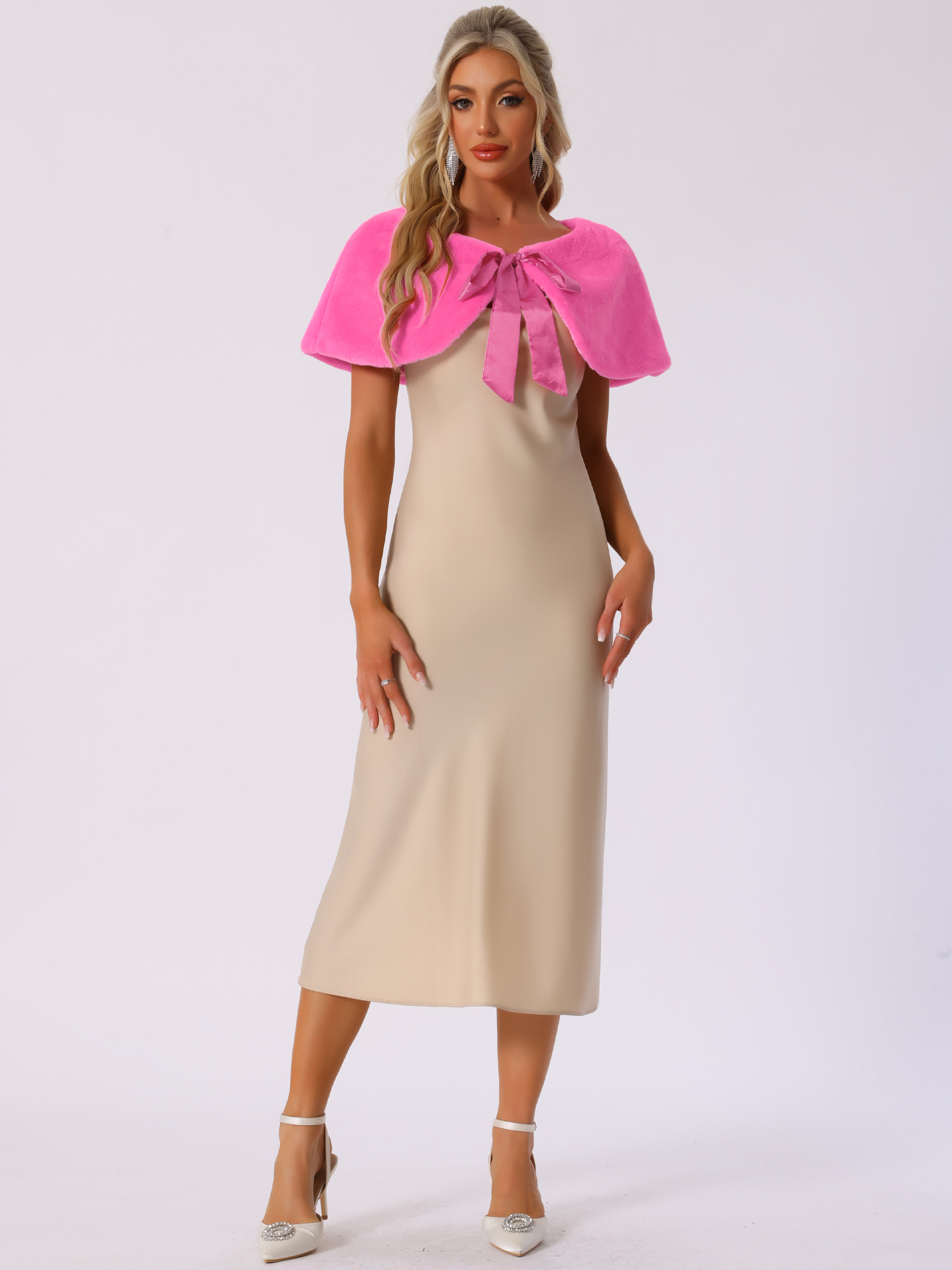 Elegant Faux Fur Shawl Stole Bow Tie Bridal Shrugs Hot Pink/L