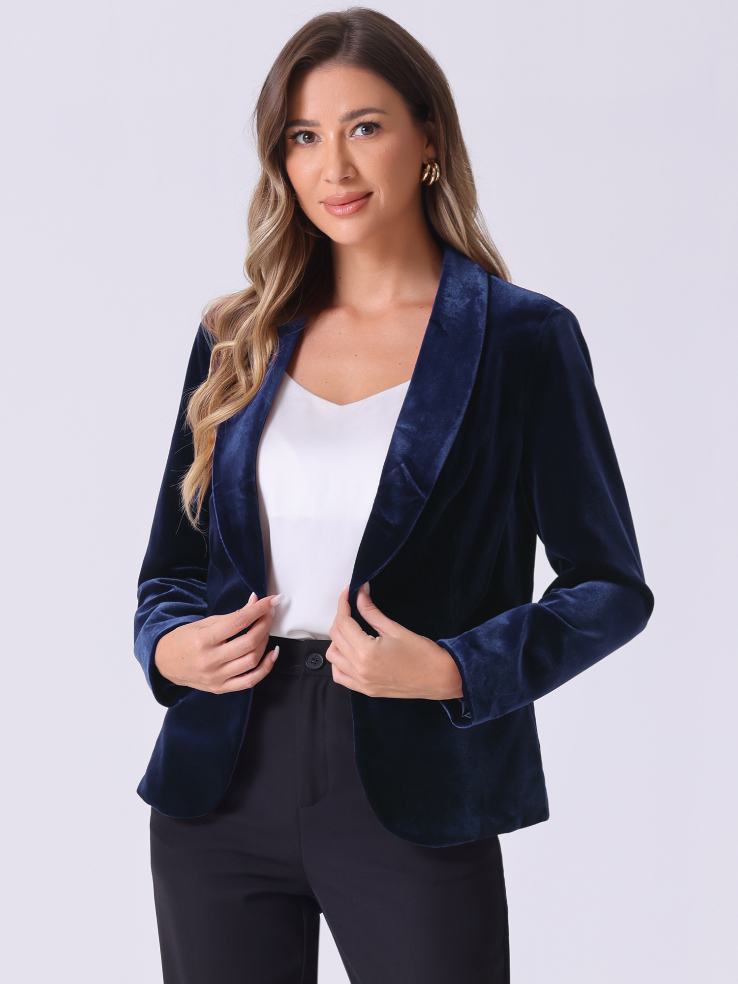Solid Shawl Collar Single Button Velvet Blazer Dark Blue/M