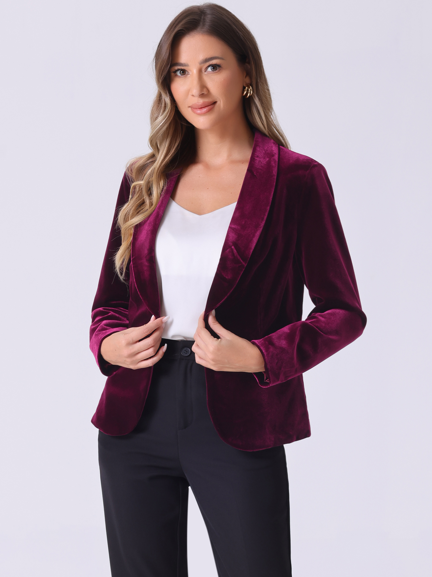 Solid Shawl Collar Single Button Velvet Blazer Dark Red/L