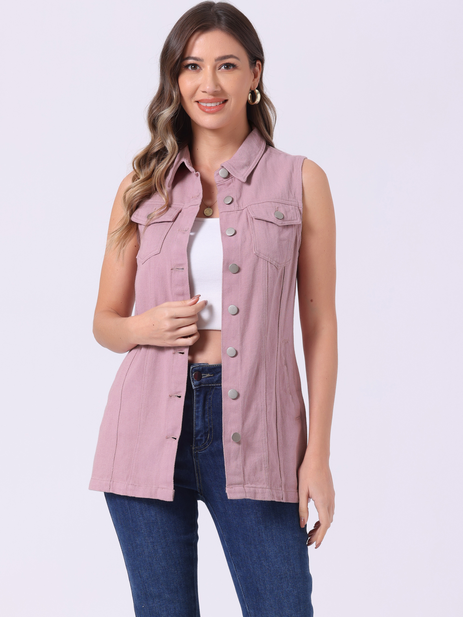 Casual Button Down Waistcoat Sleeveless Mid Long Denim Vest Pink/L